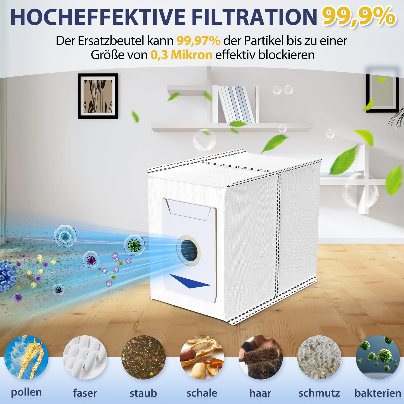 Ein Luftfilter mit blauem Filter. Pollen, Fasern, Staub, Schalen, Haare, Schmutz und Bakterien sind abgebildet.