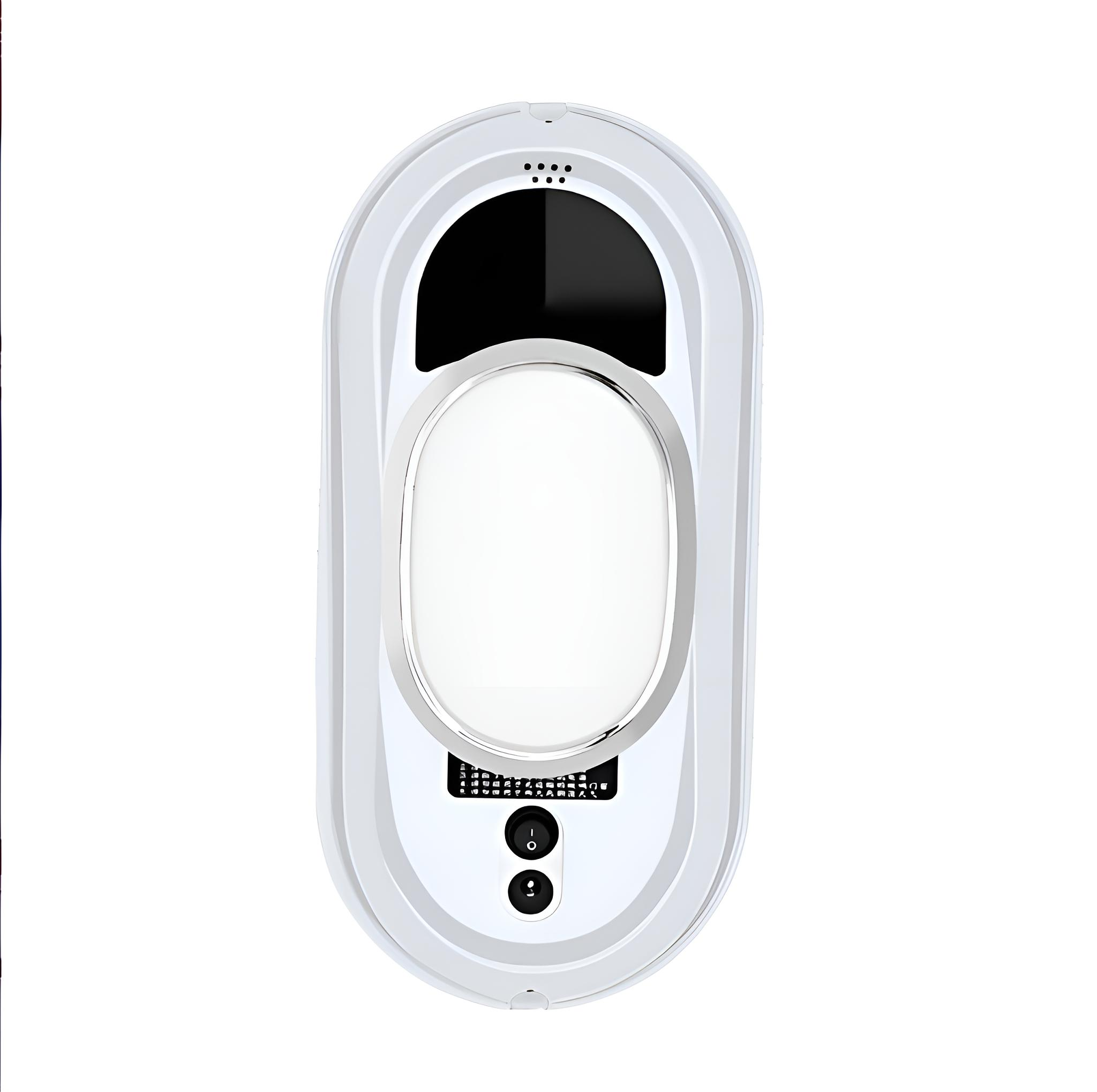 Weißer, ovaler Fensterputzroboter. Er hat eine schwarze Oberseite, eine weiße Mitte und zwei Knöpfe. Isoliert auf weißem Hintergrund.