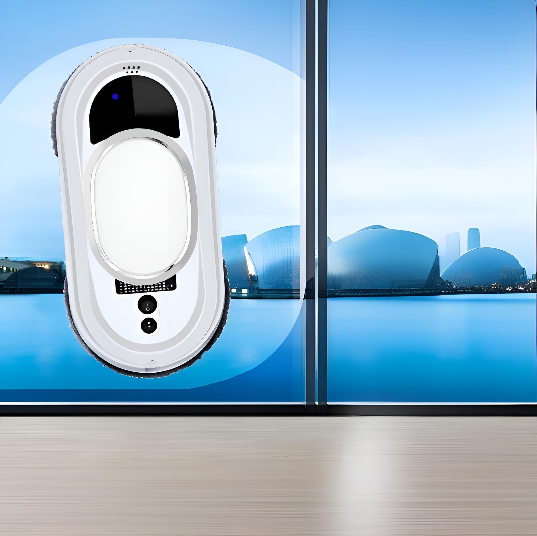 Ein weißer Fensterputzroboter auf einem Fenster mit Blick auf ein Gewässer und Gebäude.