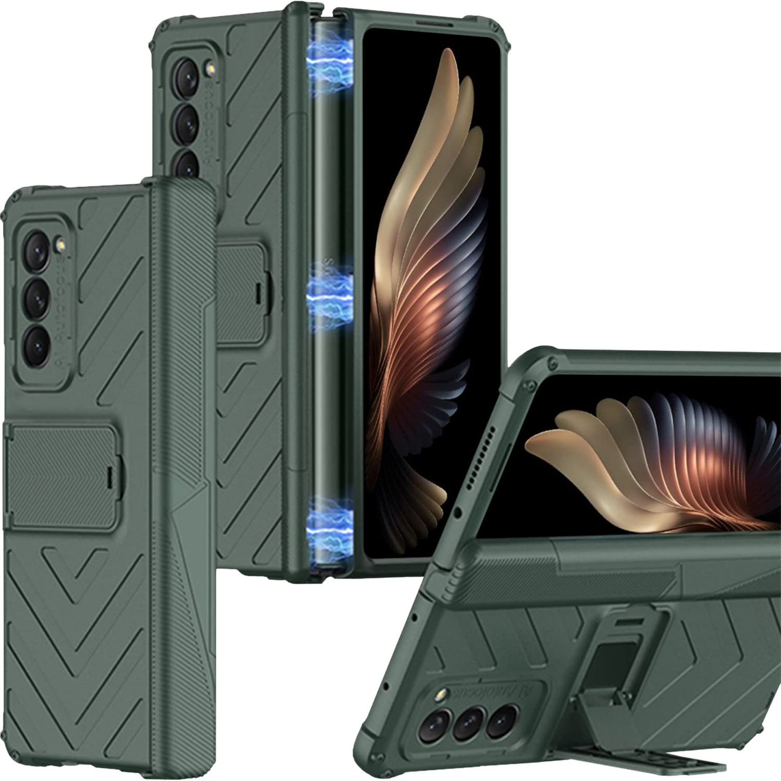 Grüne Handyhülle mit mehreren Winkeln. Der Telefonbildschirm ist sichtbar und zeigt ein geschichtetes Design. Die Hülle hat strukturierte Details.