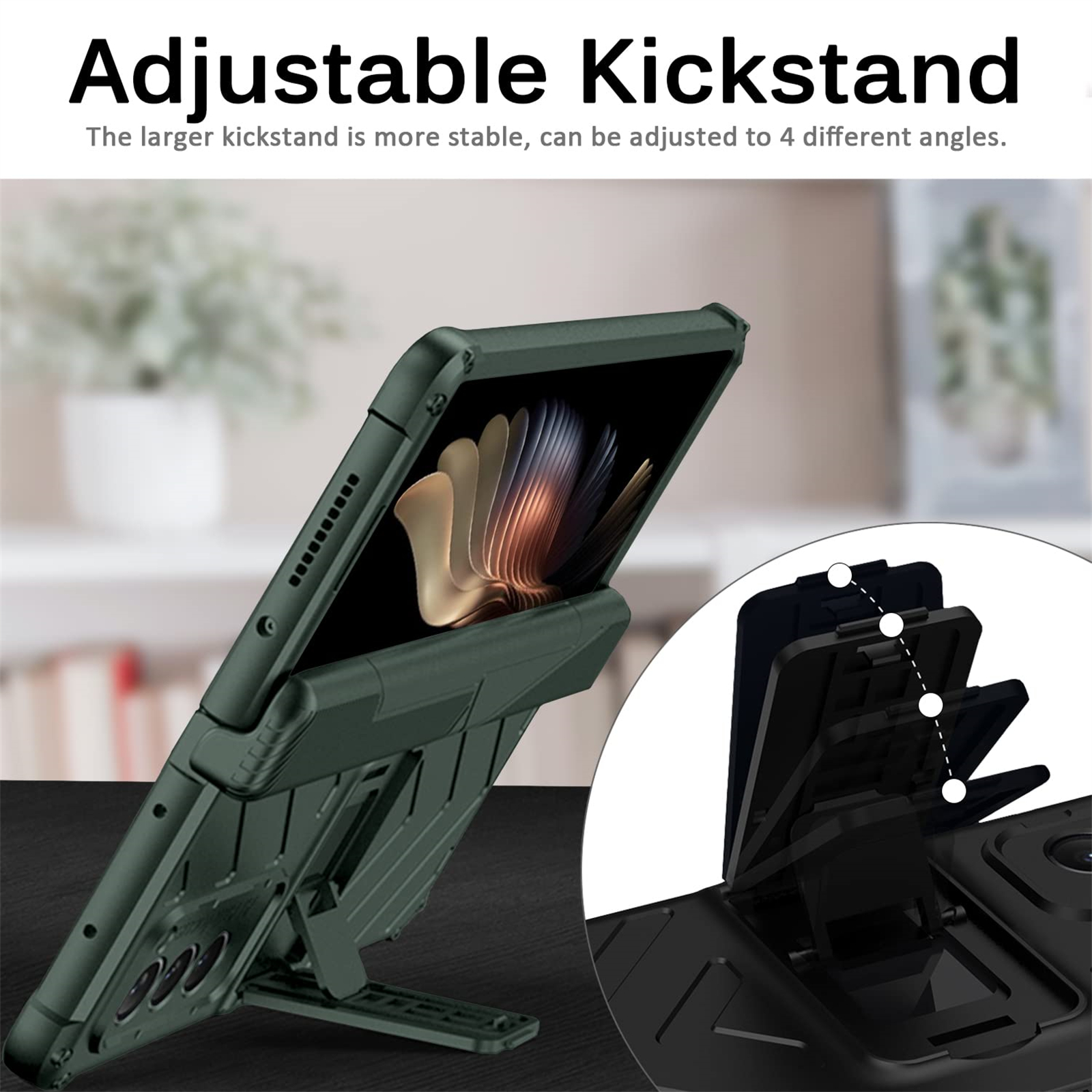 Eine grüne Handyhülle mit verstellbarem Ständer. Nahaufnahme zeigt verschiedene Winkeloptionen des Ständers.