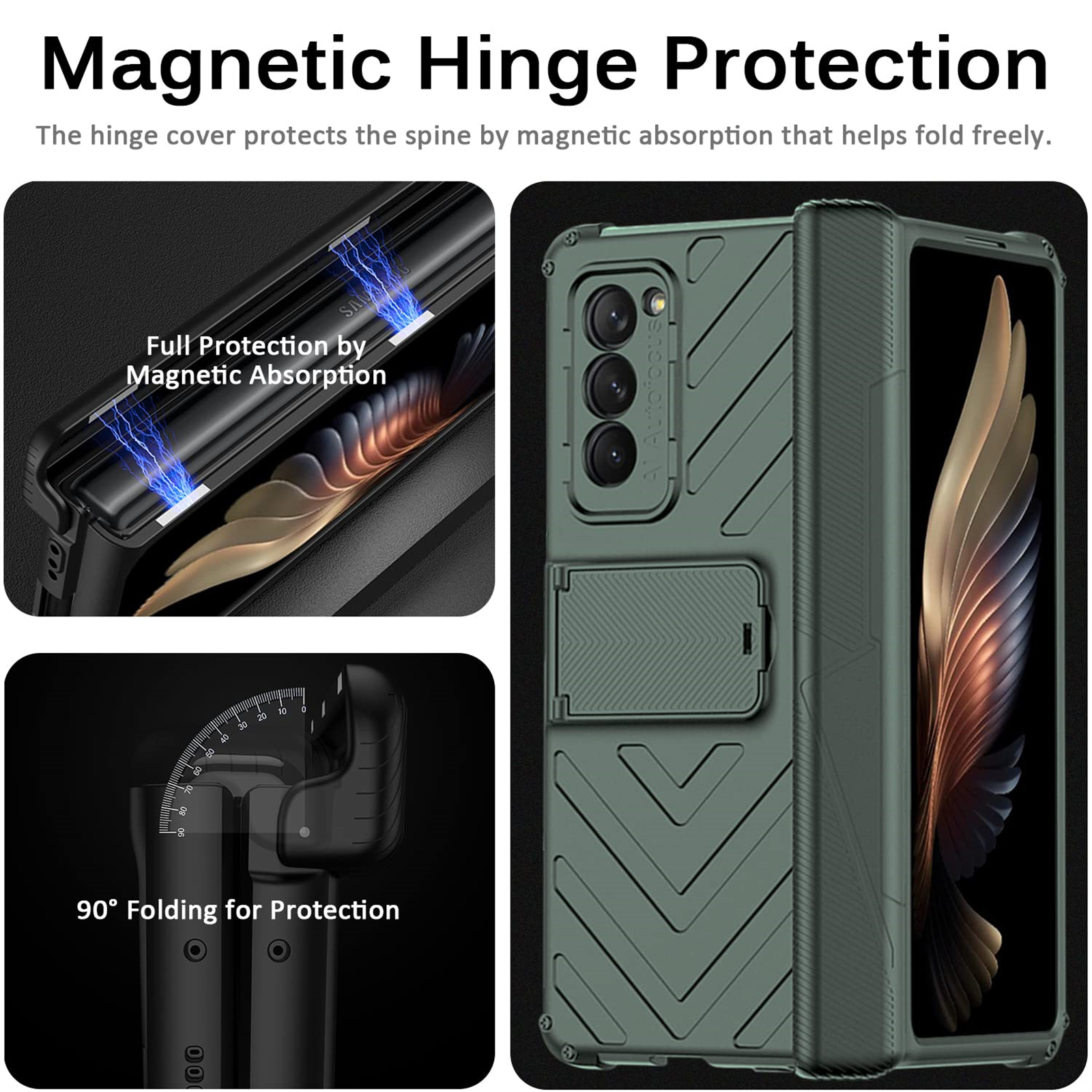 Das Bild zeigt eine Handyhülle mit magnetischem Scharnierschutz. Details umfassen Faltbarkeit und magnetische Absorption für den Telefonrücken.