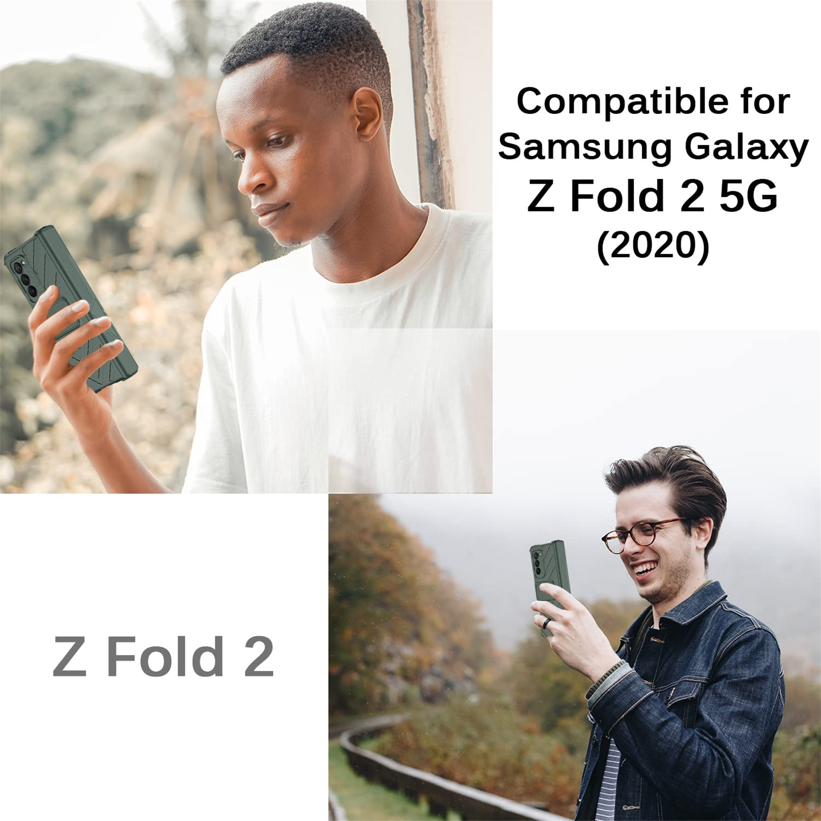 Zwei Männer halten ein Telefon, einer im weißen Hemd und der andere in einer Jeansjacke, beide lächeln. Text: Z Fold 2, kompatibel.