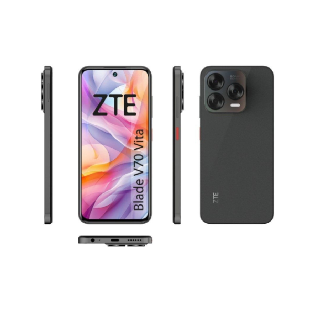 Telefon ZTE Blade V70 Vita: Wyświetlono przód, tył i boki. Telefon jest czarny z logo ZTE. Tył ma kamery.
