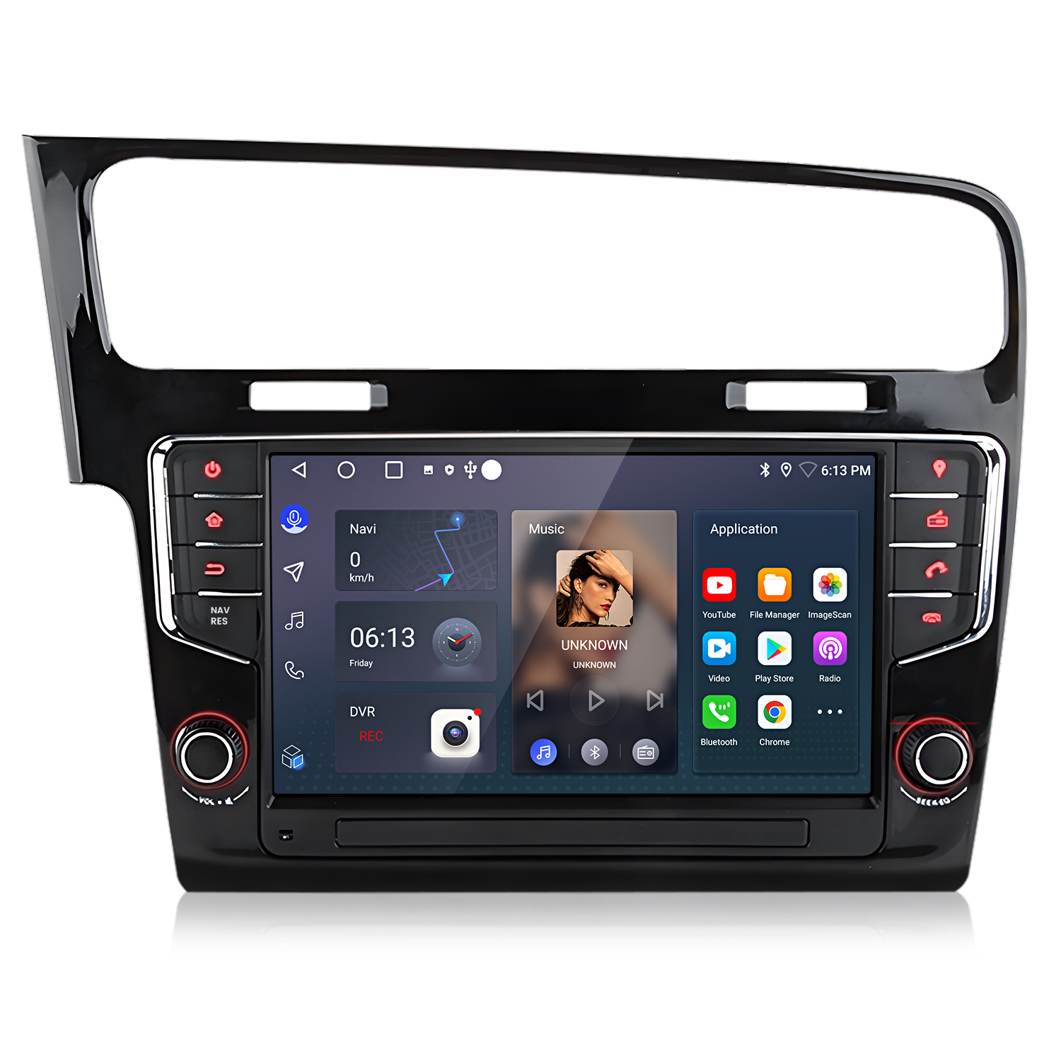 Auto-Multimedia-System mit Touchscreen-Display. Musik, Navigation und App-Symbole. Schwarzer Rahmen. Knöpfe an den Seiten.