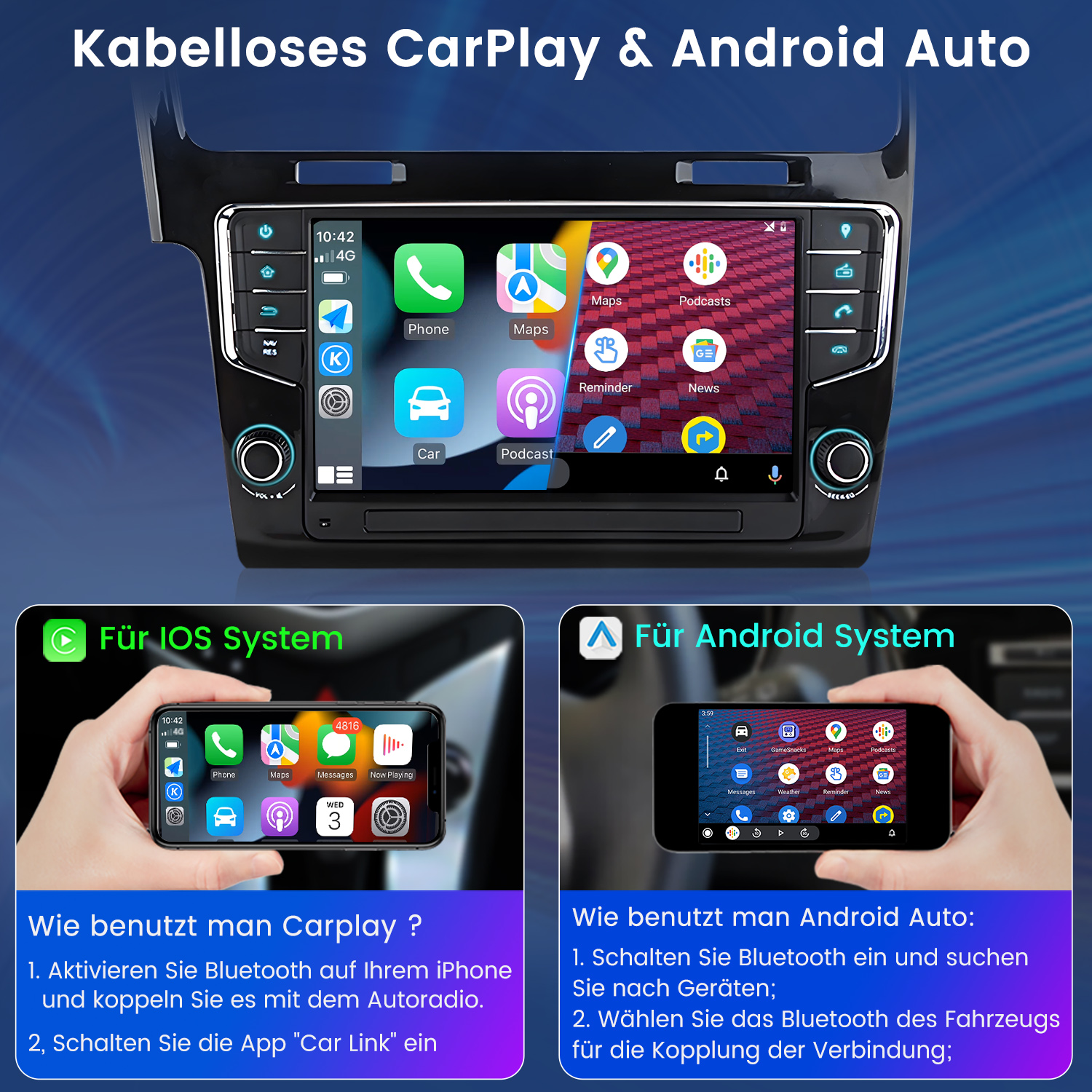 Radio samochodowe z interfejsem CarPlay/Android Auto, ikonami aplikacji oraz dwoma telefonami z interfejsami iOS i Android.