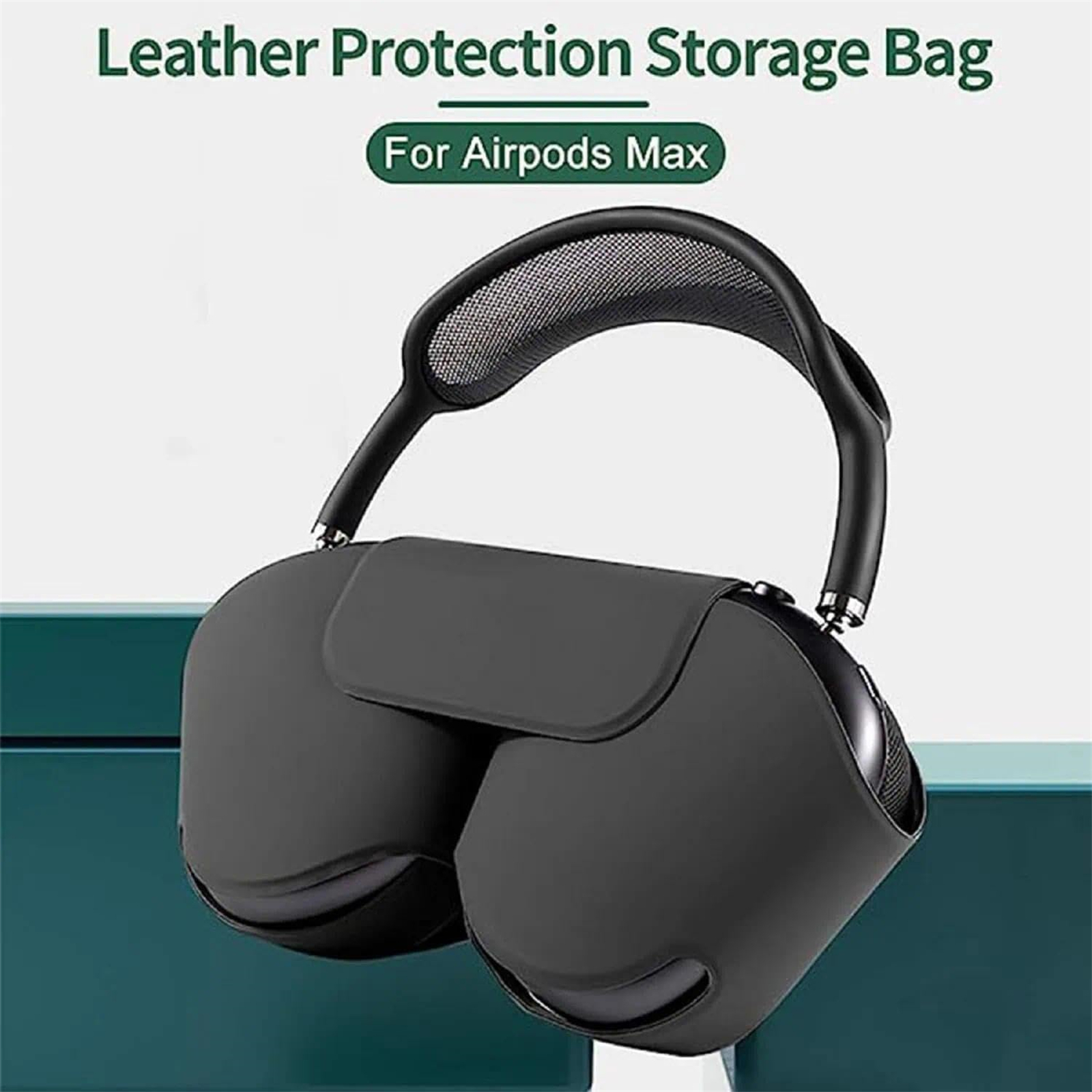 Schwarze Airpods Max-Kopfhörer in einer Aufbewahrungstasche. Tasche und Kopfhörer sind schwarz. Der Hintergrund ist hell.
