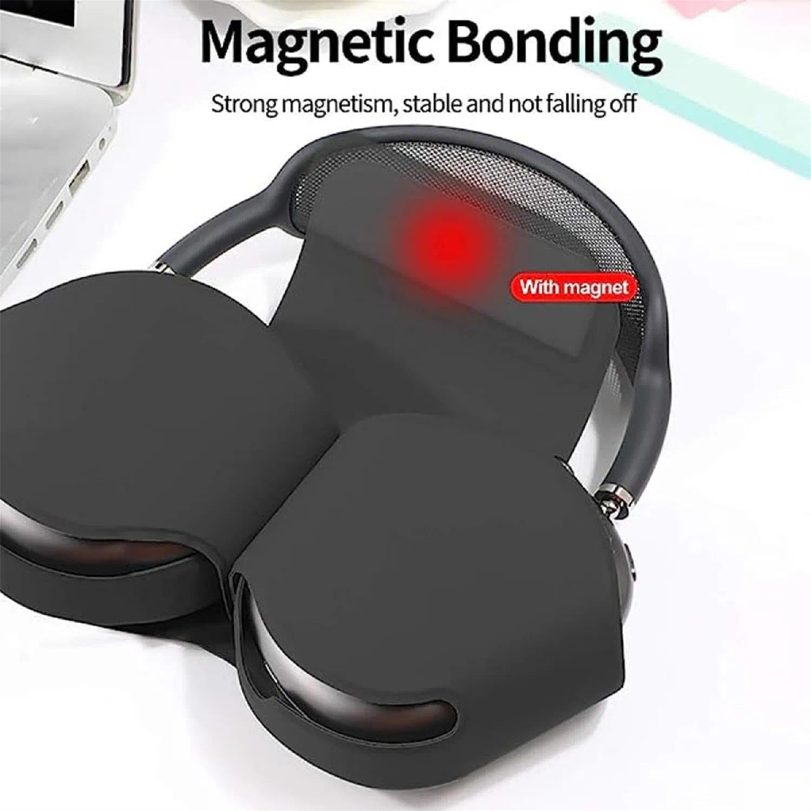 Schwarze Kopfhörer mit magnetischer Verbindung werden gezeigt. Ein rotes Highlight kennzeichnet den Magnetbereich. Text sagt 'Starker Magnetismus'.