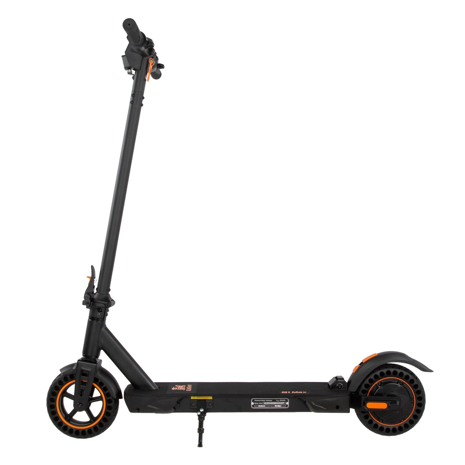 Monopattino elettrico nero con dettagli arancioni, vista laterale, isolato su sfondo bianco. Manubrio, ruote e pedana visibili.
