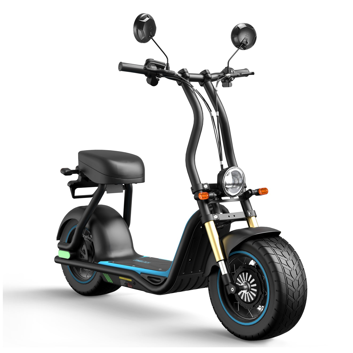Scooter elettrico nero con pneumatici grandi, faro, specchietti e sedile nero su sfondo bianco.