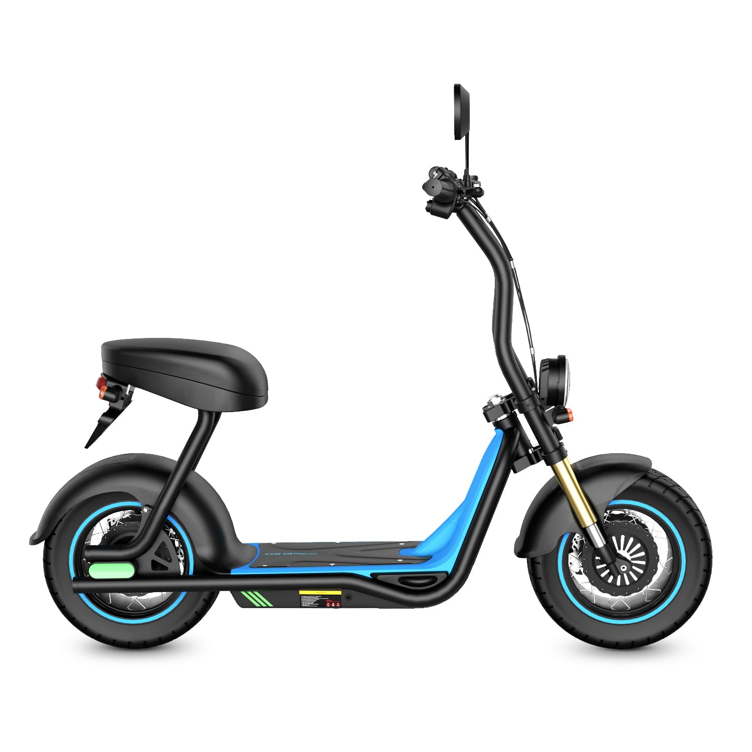 Scooter elettrico con telaio nero e blu, sedile nero, ruote rotonde con accenti blu e manubrio nero con specchietto.