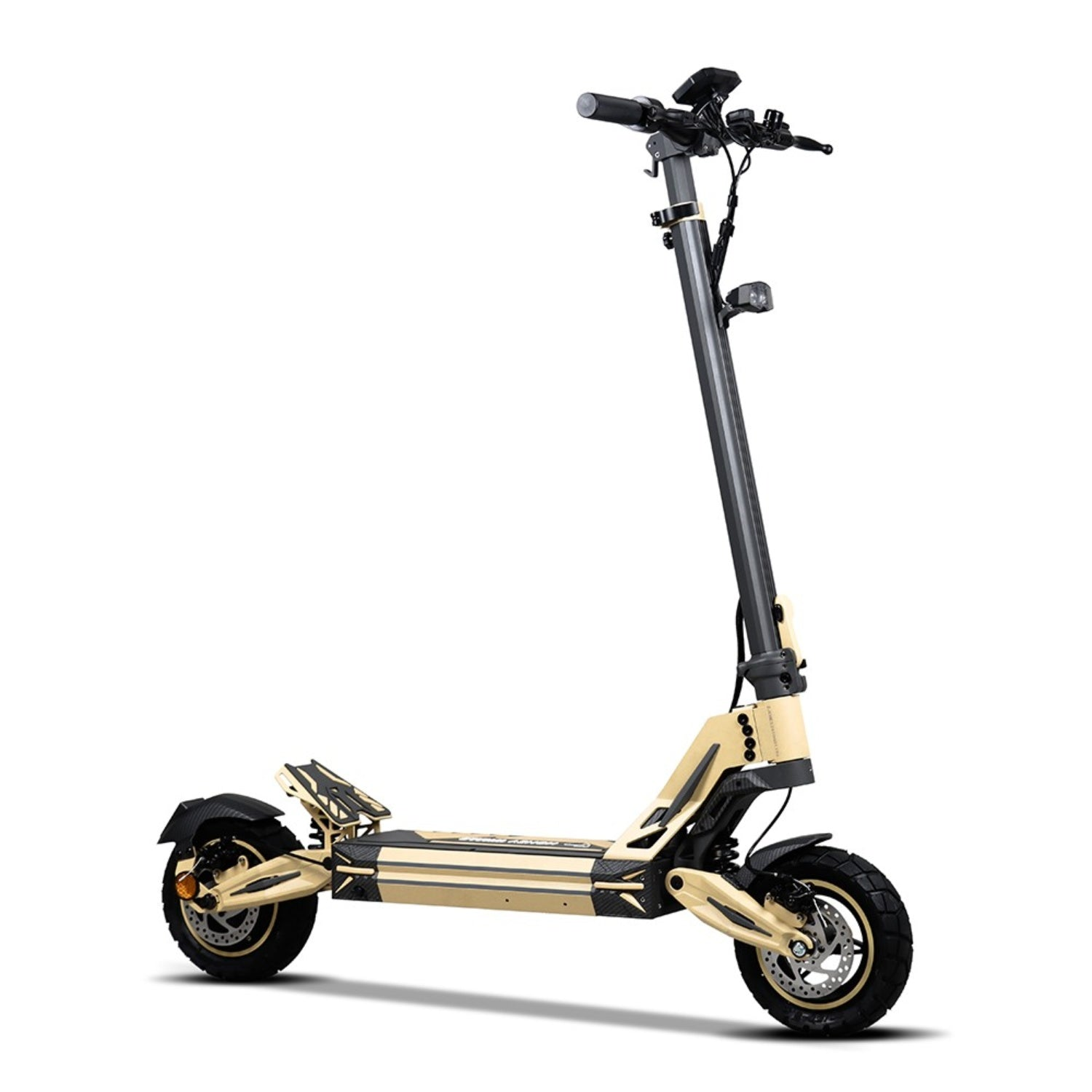 Scooter elettrico, beige e nero. Manubrio, ruote e piattaforma visibili. Sfondo bianco.