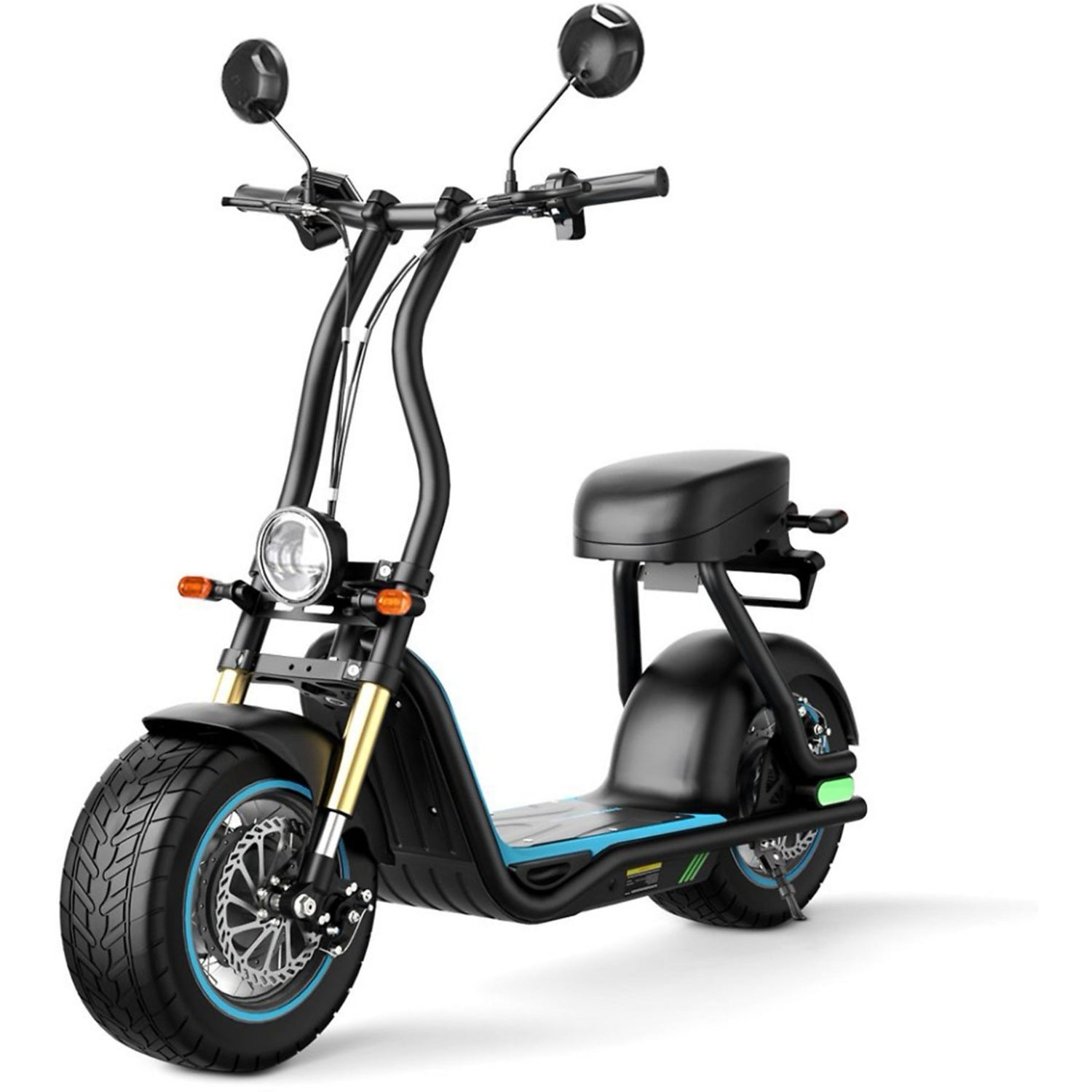 Scooter elettrico nero con pneumatici grandi, specchi rotondi e sedile nero, su sfondo bianco.