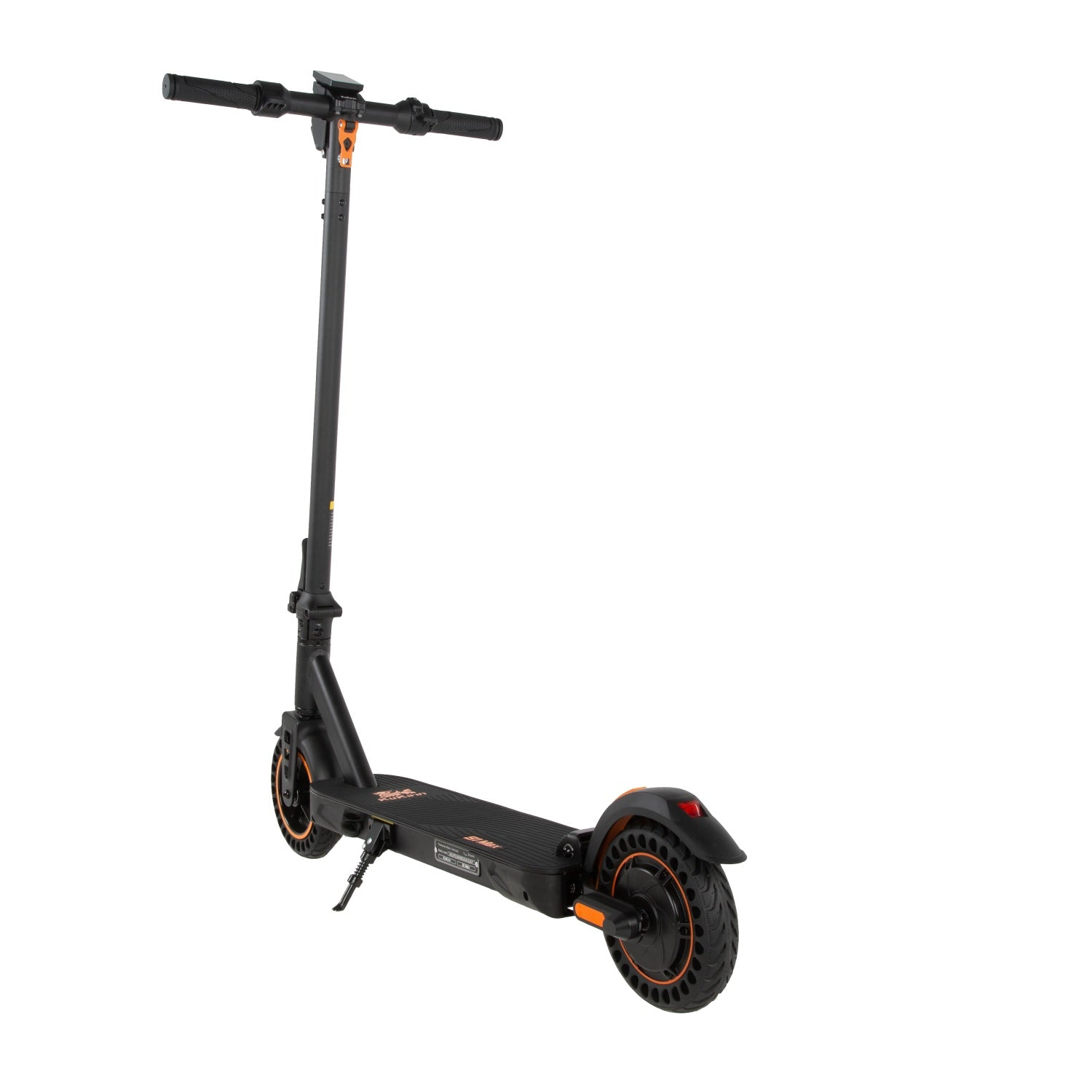 Scooter elettrico nero con dettagli arancioni. Ha manubrio, pedana e due ruote. Lo sfondo è bianco.