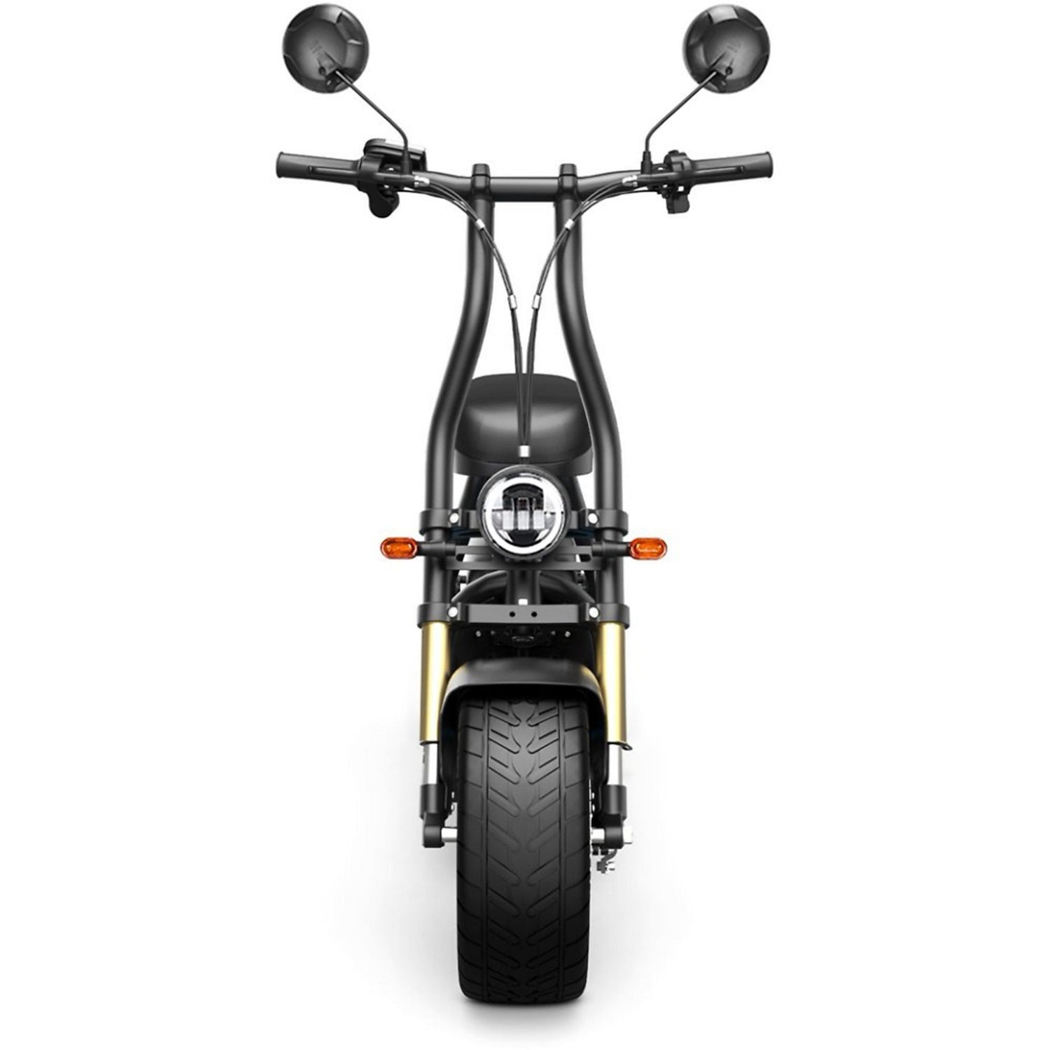 Motocicletta nera con faro rotondo e due specchietti. Ha uno pneumatico anteriore spesso e sospensioni dorate. Isolato su bianco.