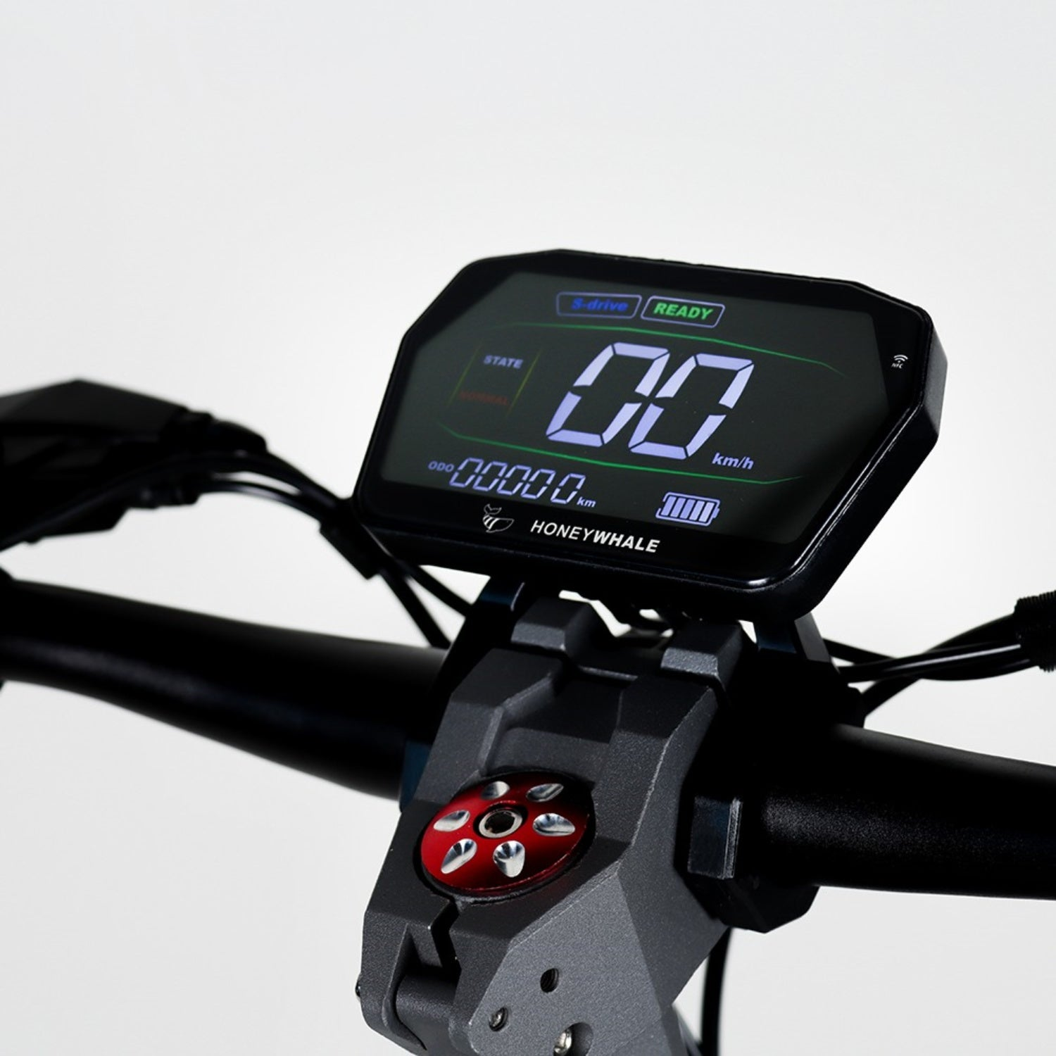 Primo piano del display di un monopattino elettrico che mostra 00 km/h. Dettagli includono batteria, contachilometri e marchio HONEYWHALE.