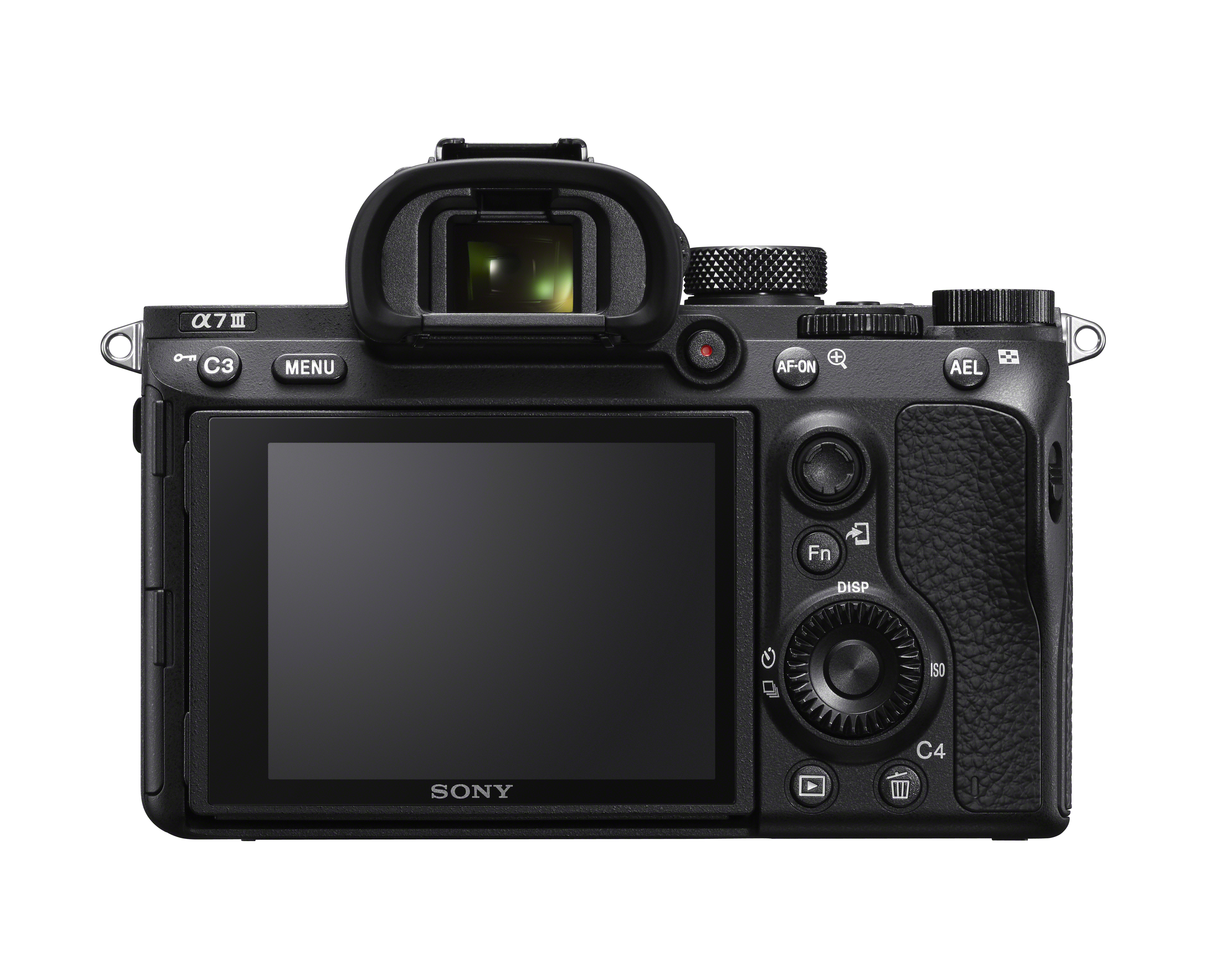 Parte trasera de la cámara Sony Alpha 7 III negra. Botones, pantalla, visor y diales. Fondo blanco.