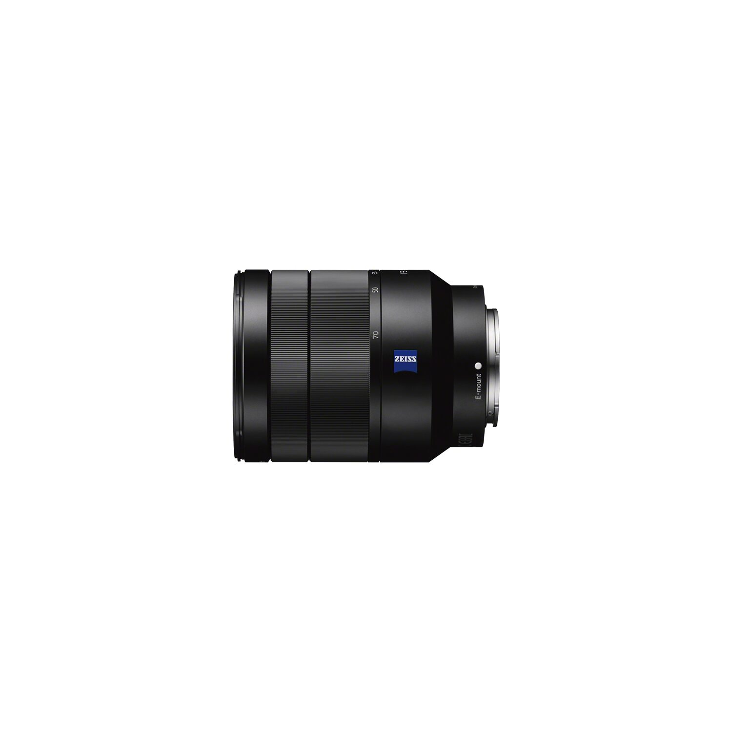 Lente de cámara negra con logo Zeiss. Marcadores plateados indican distancias focales. Aislado en fondo blanco.