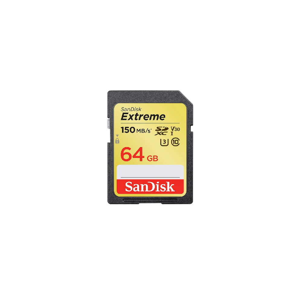 Una tarjeta SD Sandisk Extreme, 64GB, con diseño amarillo y negro. La tarjeta tiene logotipos y texto.