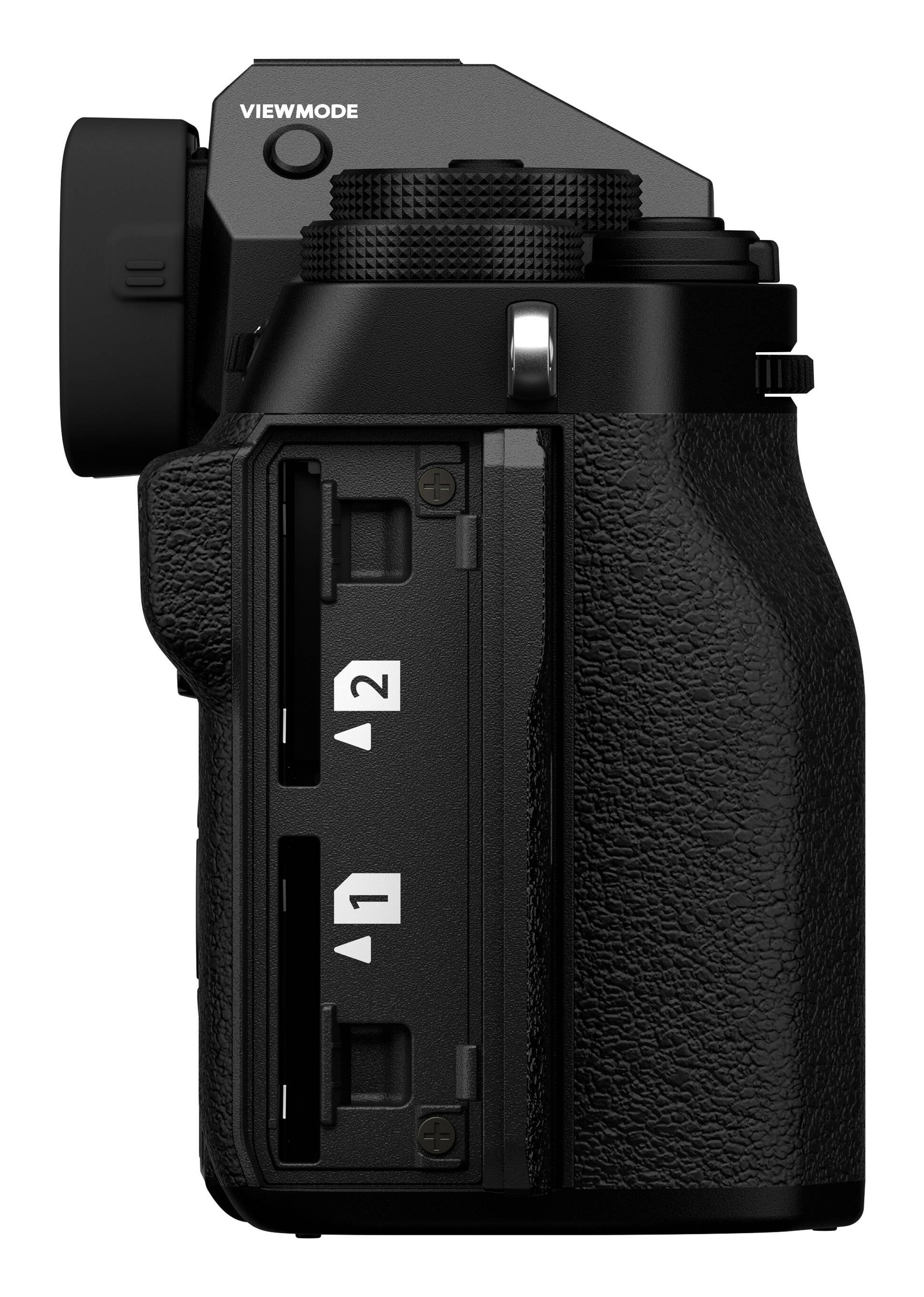 Schwarze Digitalkamera-Seitenansicht. Merkmale sind View-Modus, Einstellräder und SD-Kartensteckplätze 1 und 2.