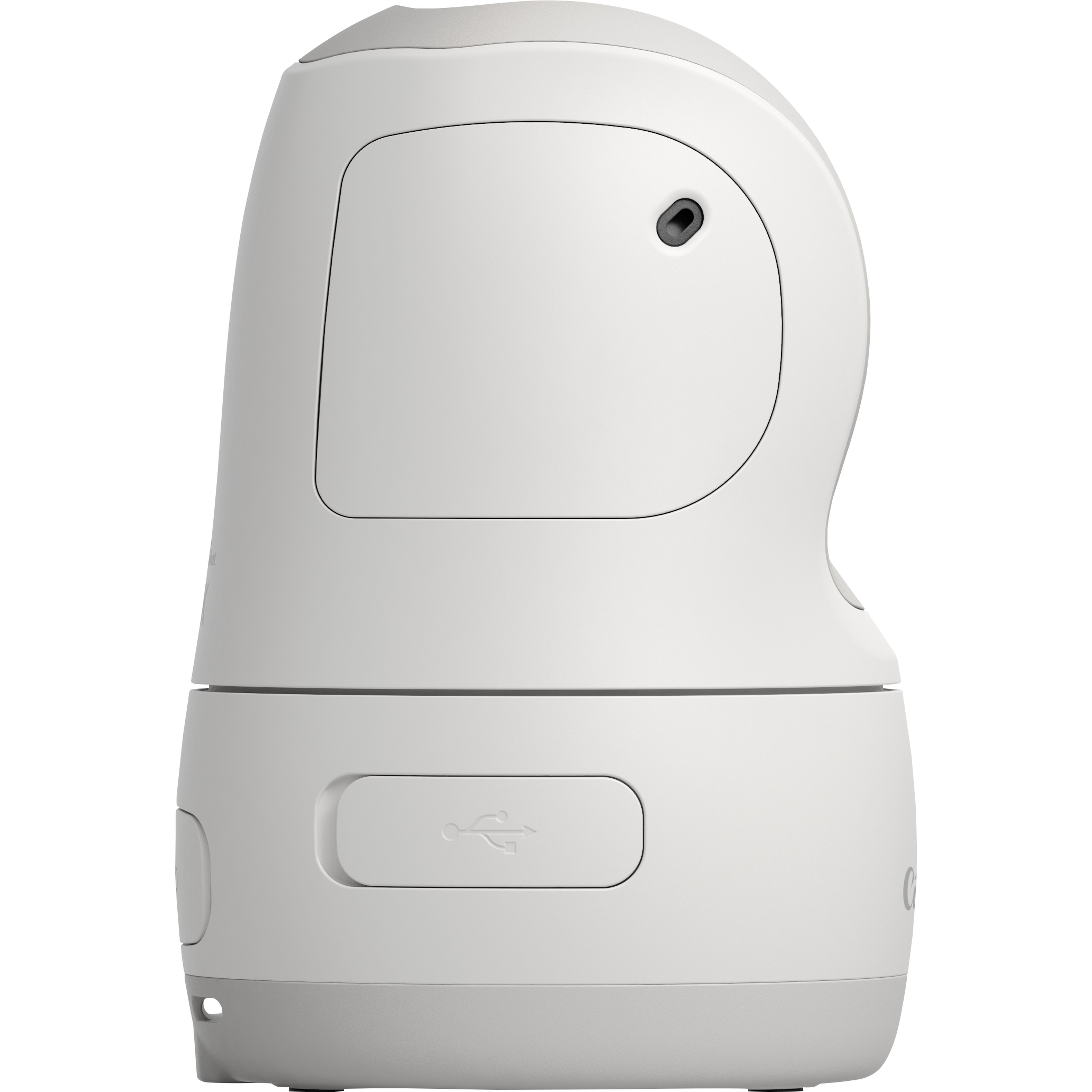Dispositivo blanco y gris. Tiene un puerto USB, una lente y un pequeño agujero. El dispositivo está sobre un fondo blanco.