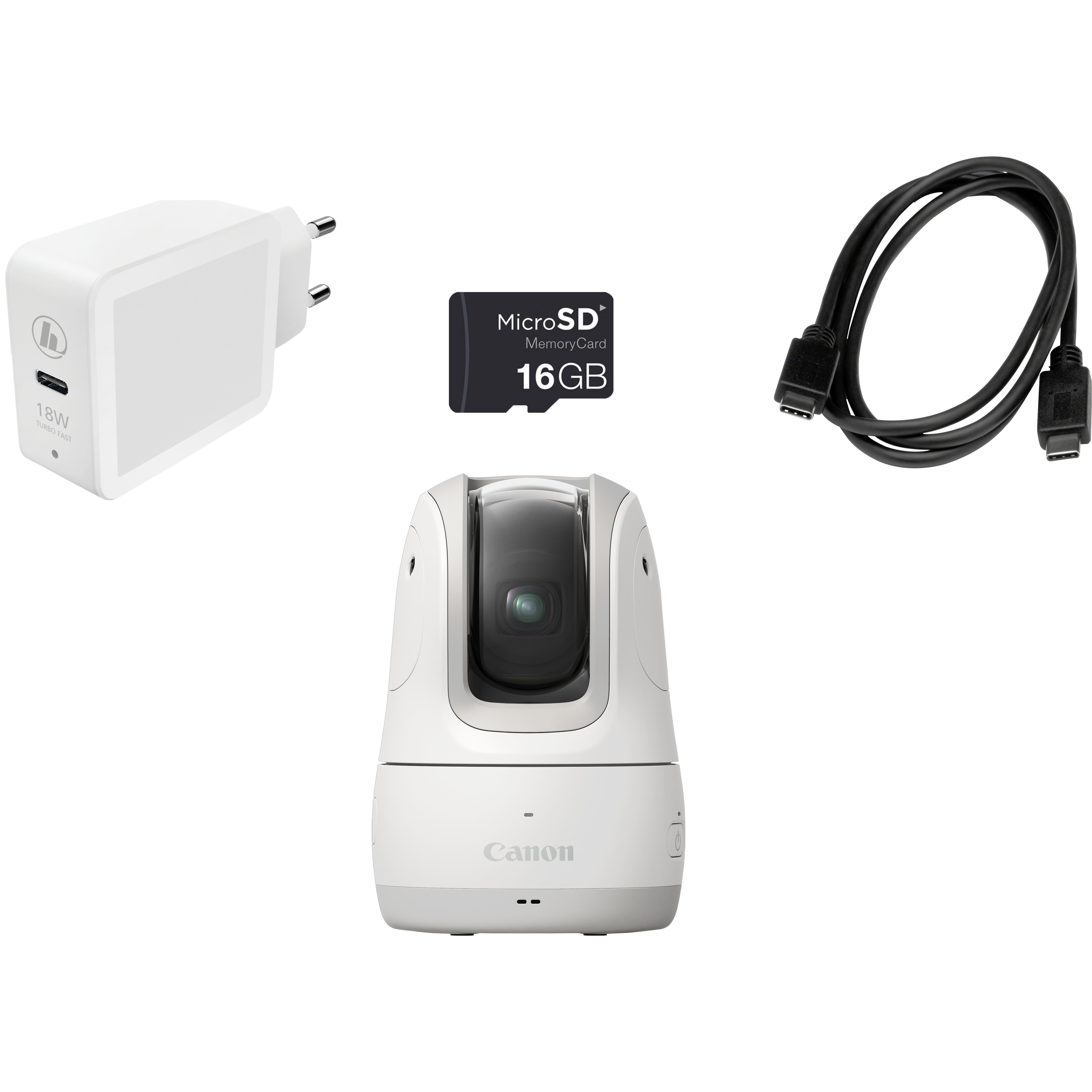 Cámara de seguridad blanca, cargador, cable negro y tarjeta microSD sobre fondo blanco.