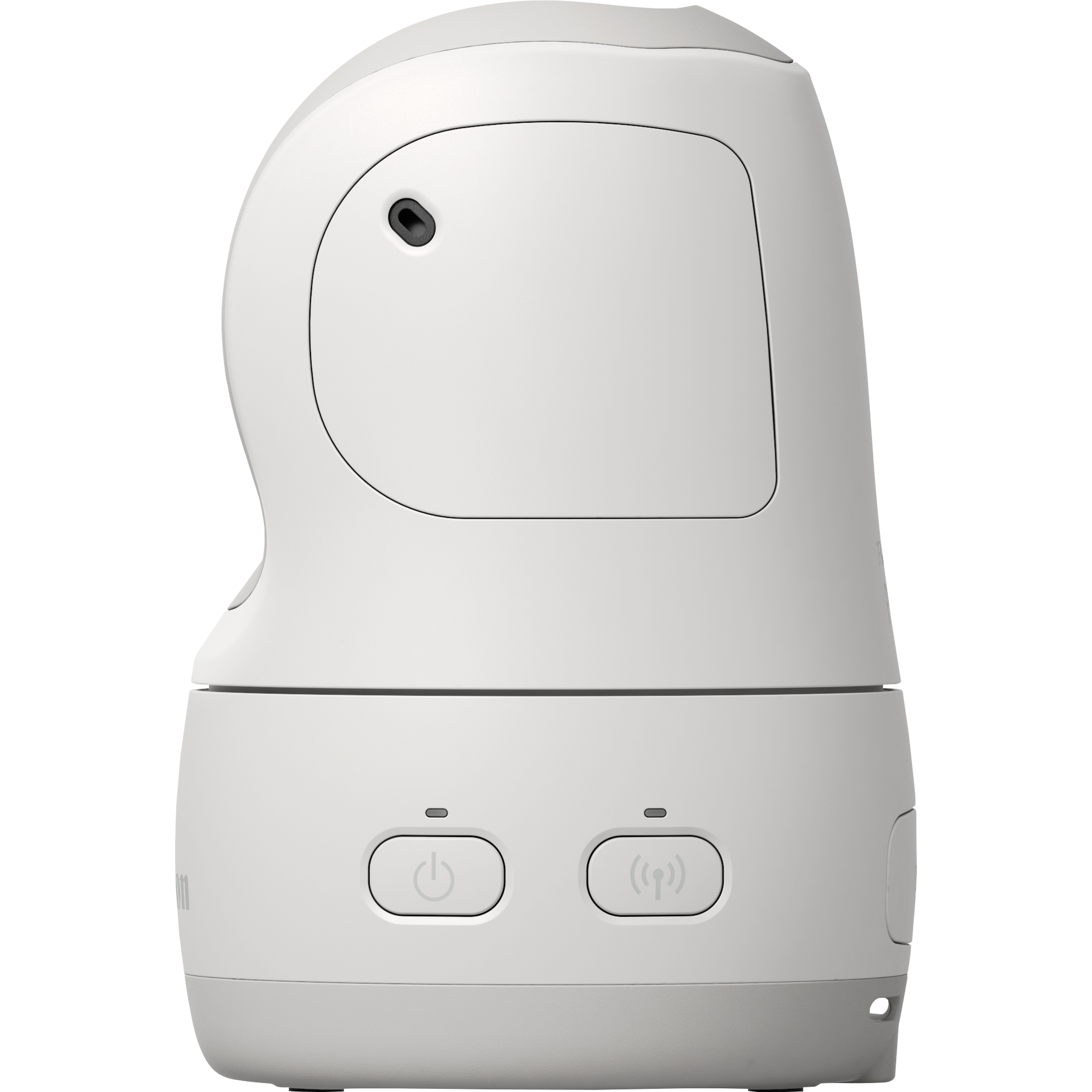 Dispositivo electrónico blanco con dos botones y una pequeña cámara. Está sobre un fondo blanco.