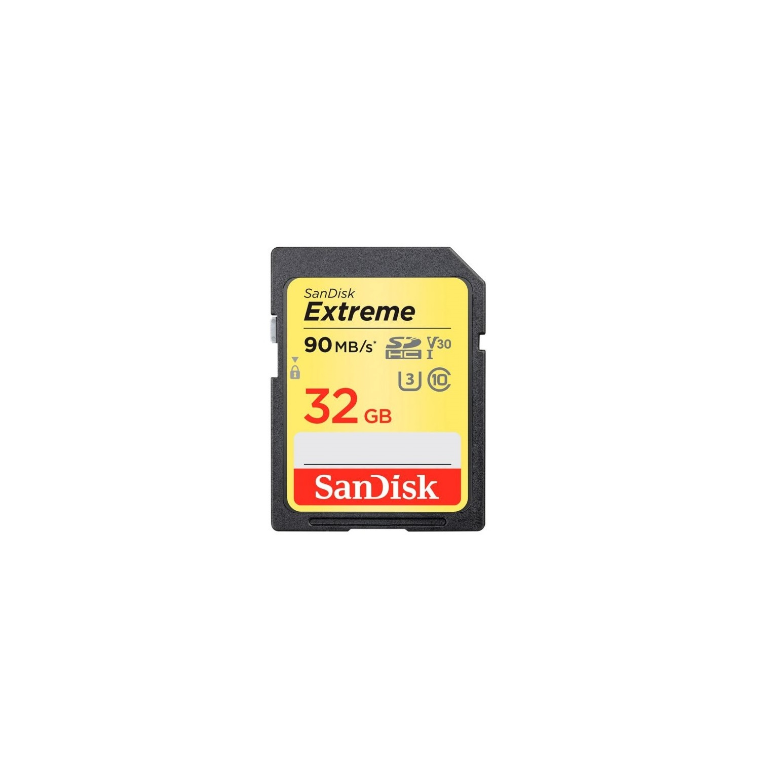 Una tarjeta SD SanDisk Extreme de 32 GB sobre un fondo blanco. Tiene un marco negro con texto amarillo y rojo.