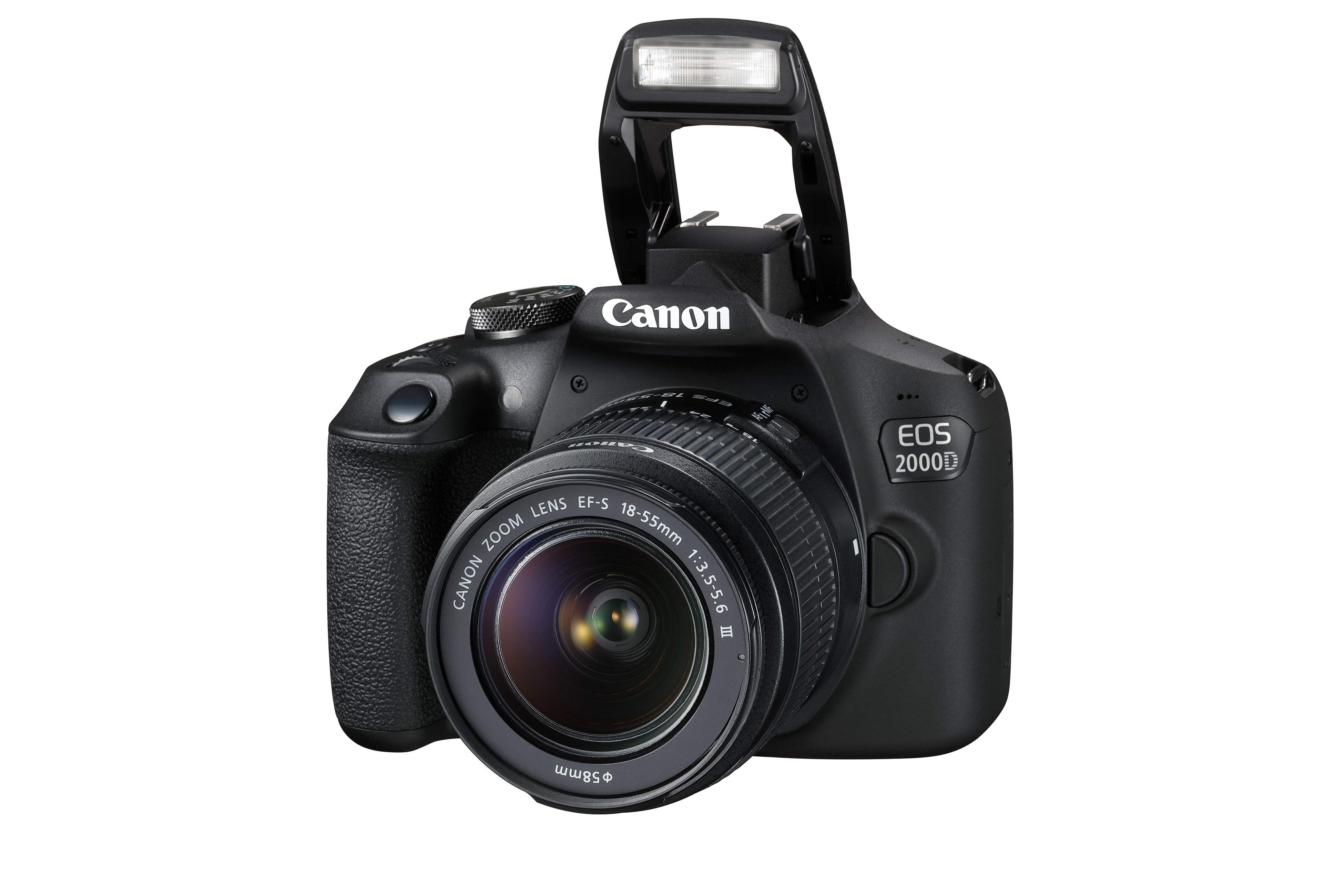 Fotocamera Canon EOS 2000D nera, con flash aperto, obiettivo e logo Canon bianco, su sfondo bianco.