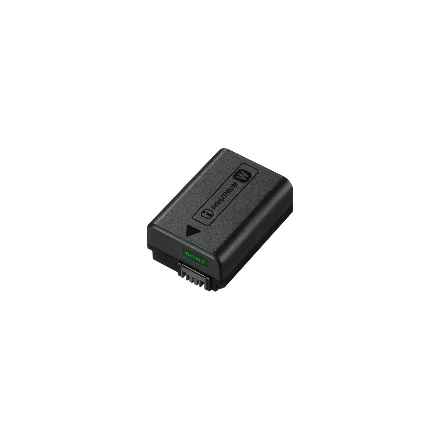 Una batería negra Sony InfoLithium W, vista superior. La batería tiene texto y un logotipo verde de Sony. El fondo es blanco.