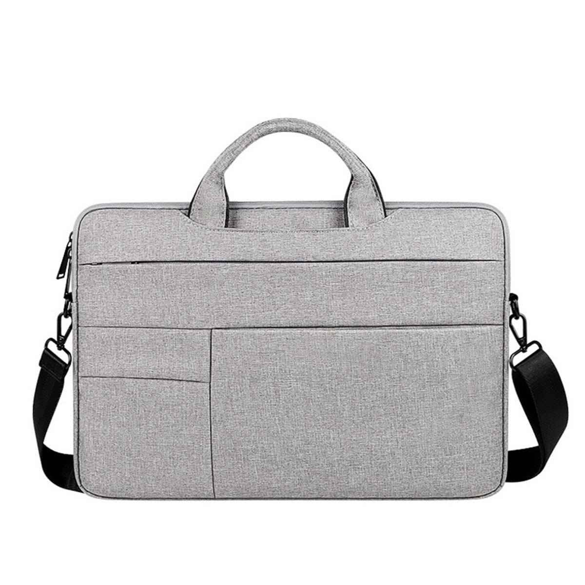 Eine hellgraue Laptoptasche mit Griff und Schultergurt, schwarzen Akzenten und einer Vordertasche, vor weißem Hintergrund.