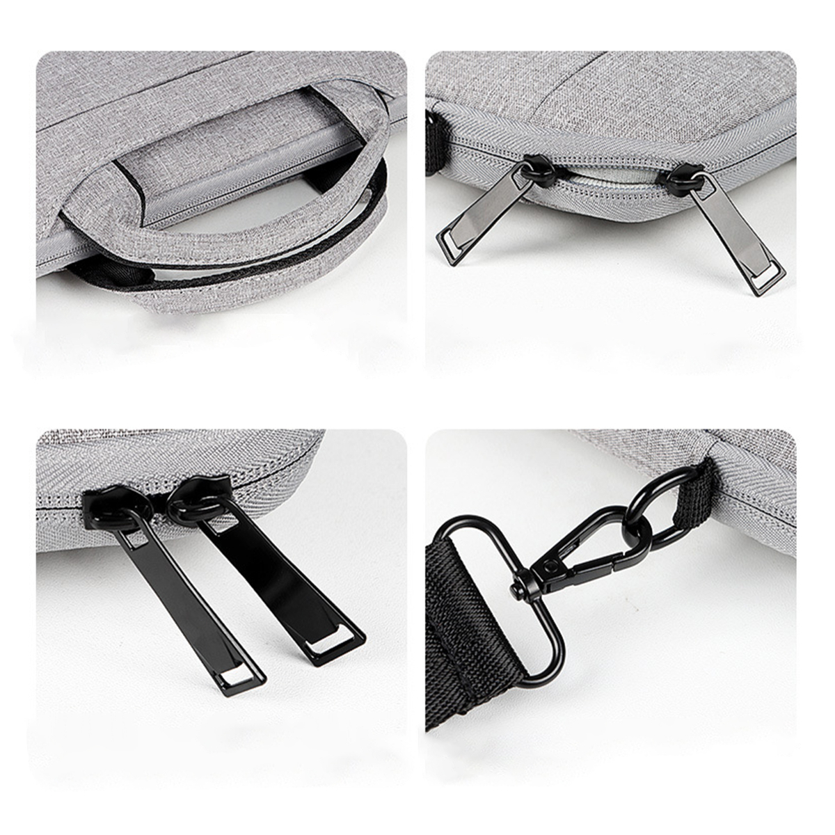 Vier Nahaufnahmen einer grauen Laptoptasche. Details umfassen Griff, Reißverschlüsse und einen schwarzen Schultergurt.