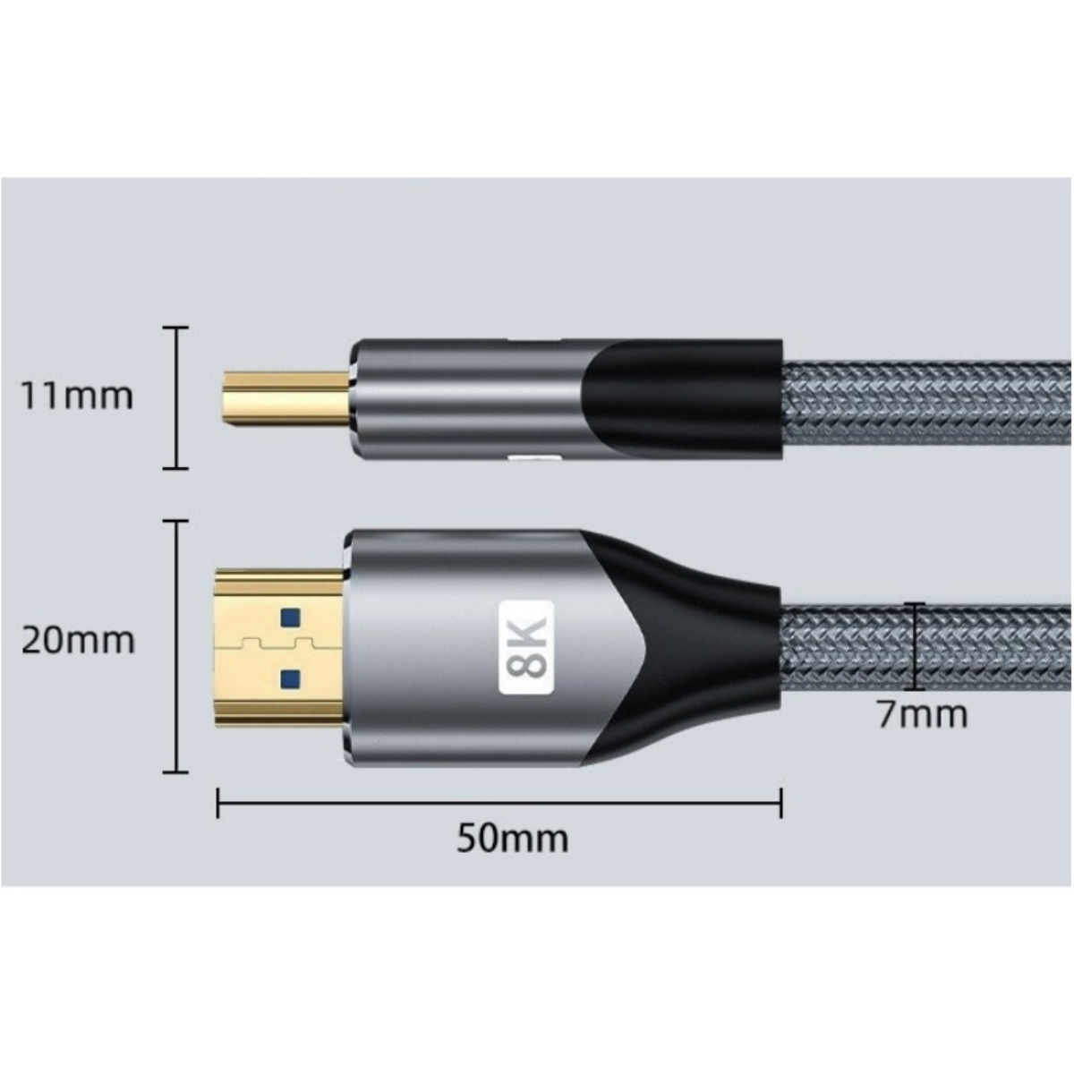 HDMI-Kabel mit goldenen Steckern, grauem Gehäuse und geflochtenem Kabel. Maße: 11 mm, 20 mm, 7 mm und 50 mm. 8K-Logo sichtbar.