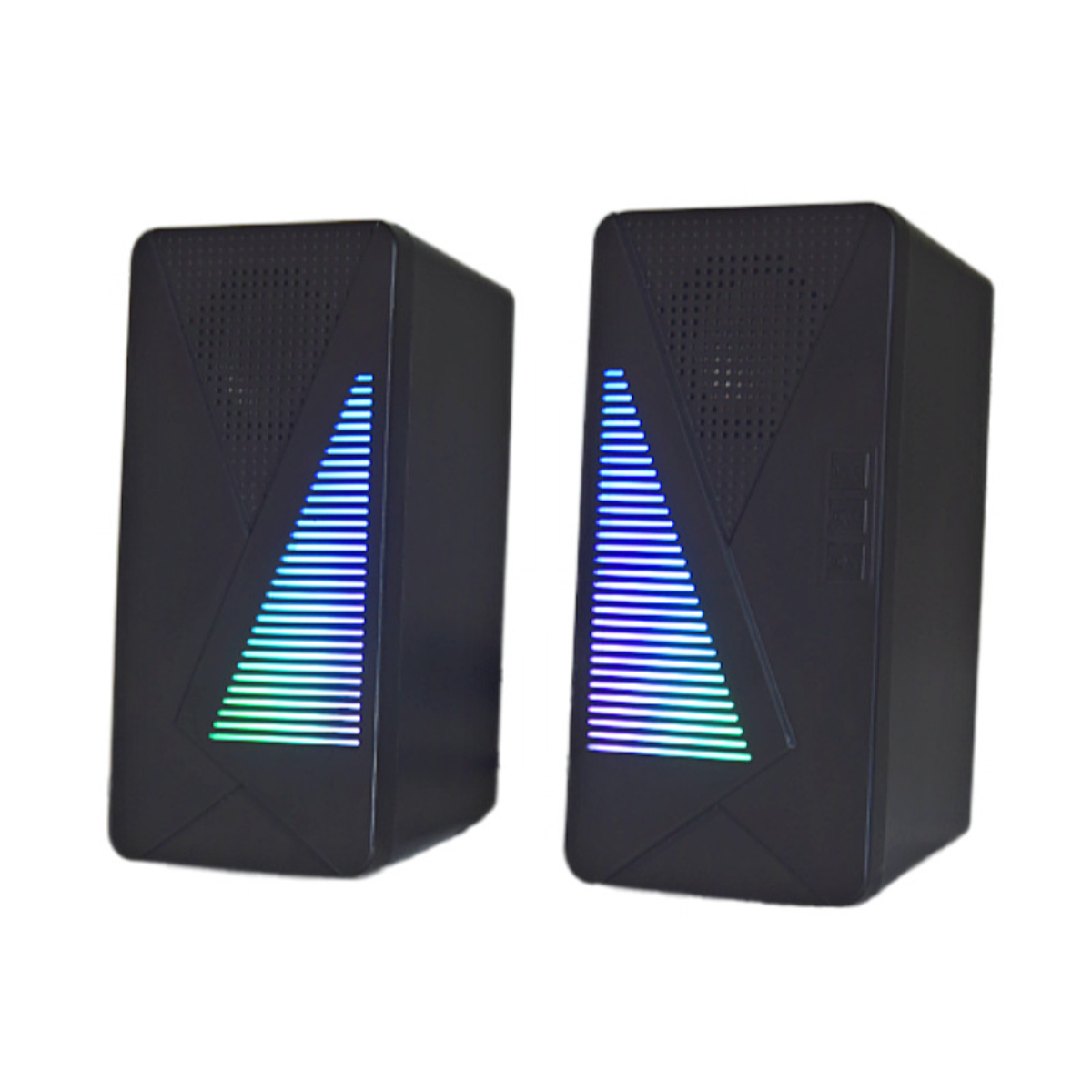 Zwei schwarze Computerlautsprecher mit blau-grünen LED-Leuchten auf weißem Hintergrund.