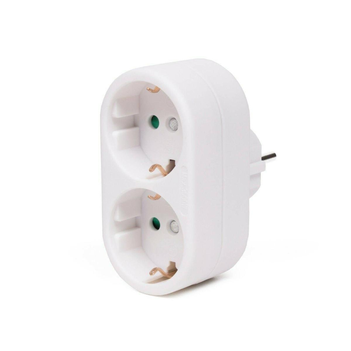 Ein weißer, doppelter Steckdosenadapter mit zwei Löchern und einem Stecker.
