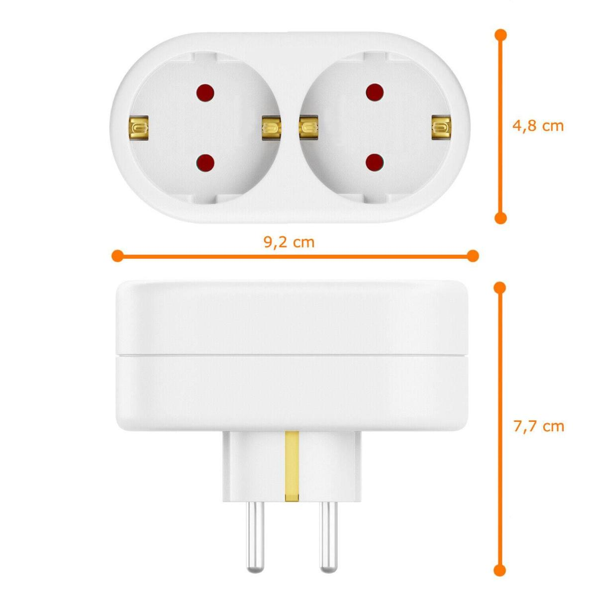 Weißer Adapter mit zwei Steckdosen, roten Punkten und zwei Stiften. Maße: 9,2 cm, 4,8 cm und 7,7 cm.