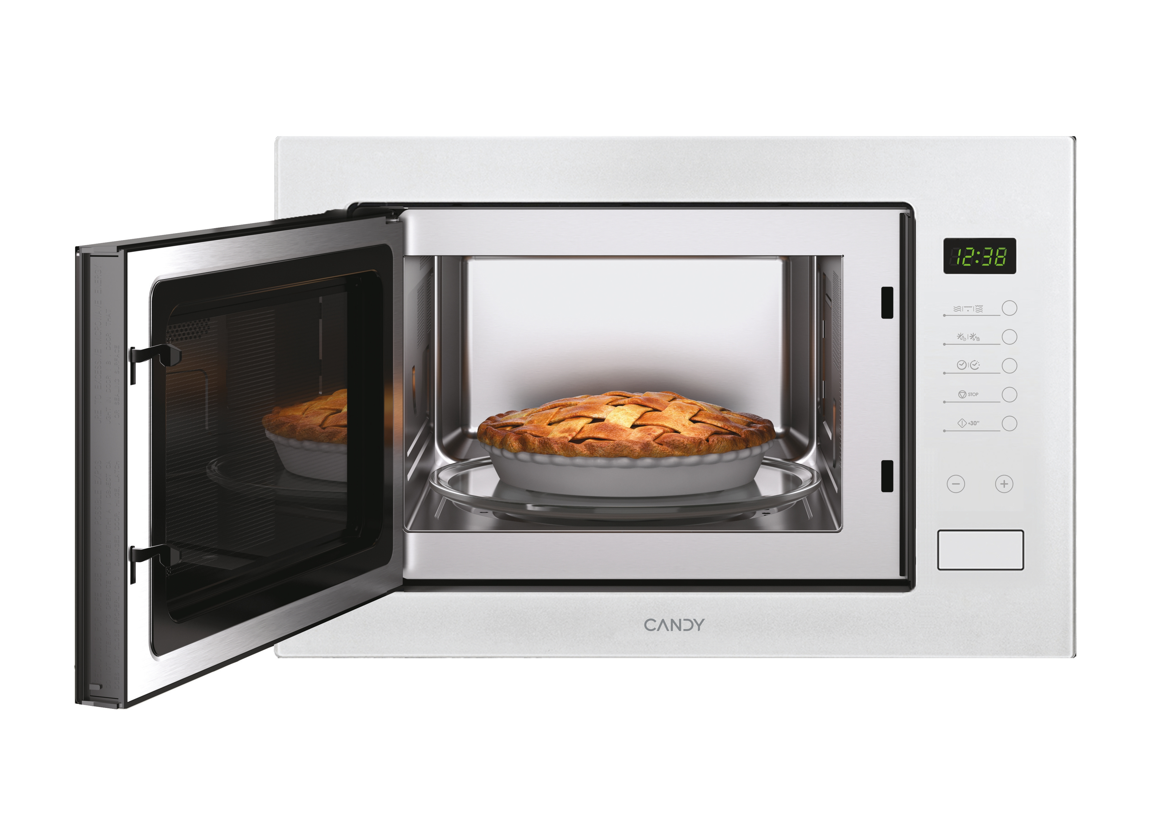 Mikrowelle mit geöffneter Tür, zeigt einen Kuchen auf einem Glasteller. Weiße Mikrowelle mit Digitaluhr und Bedienelementen.