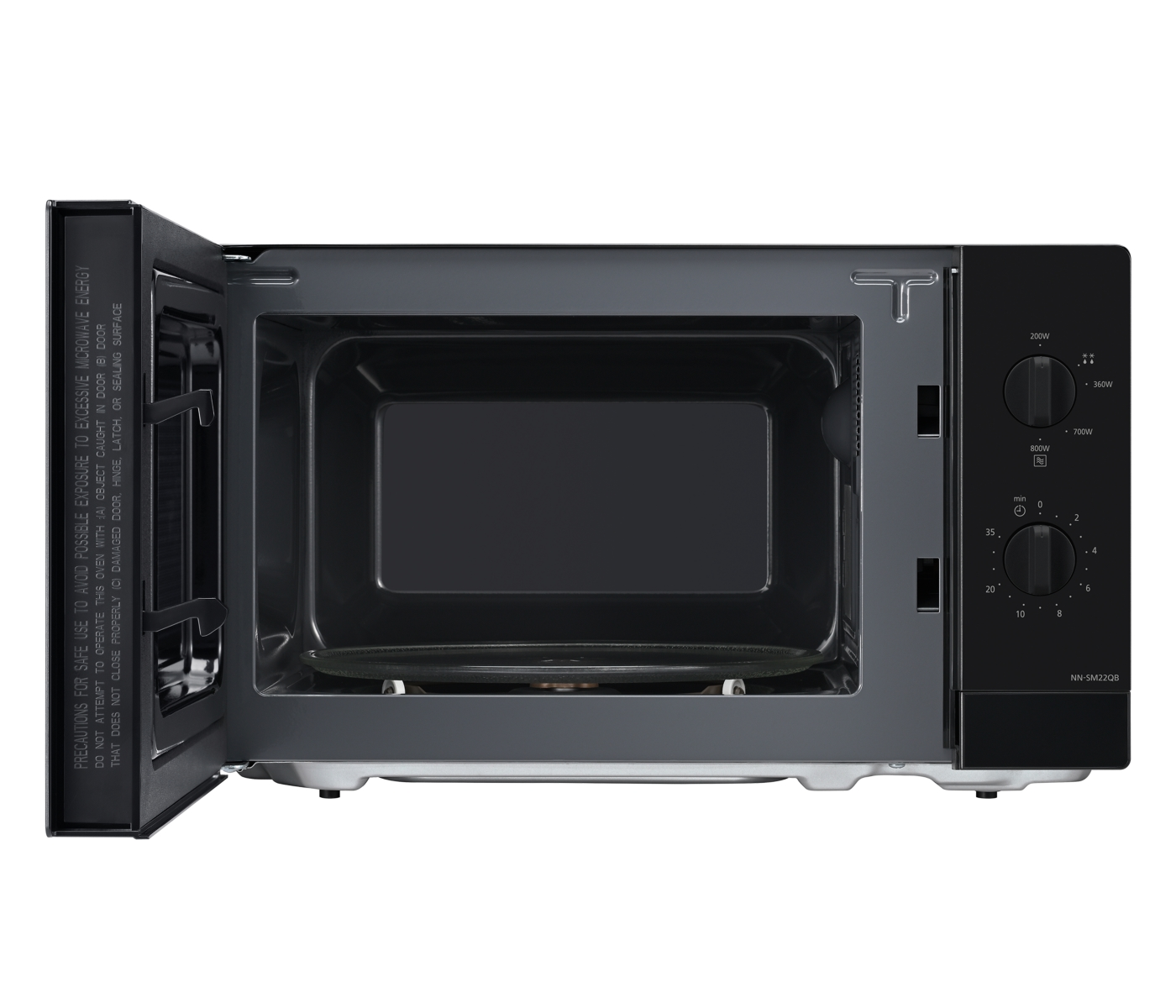 Otwarty czarny piekarnik mikrofalowy. Drzwi otwarte, widoczne wnętrze z szklanym talerzem. Panel sterowania po prawej, ustawienia mocy i czasu.