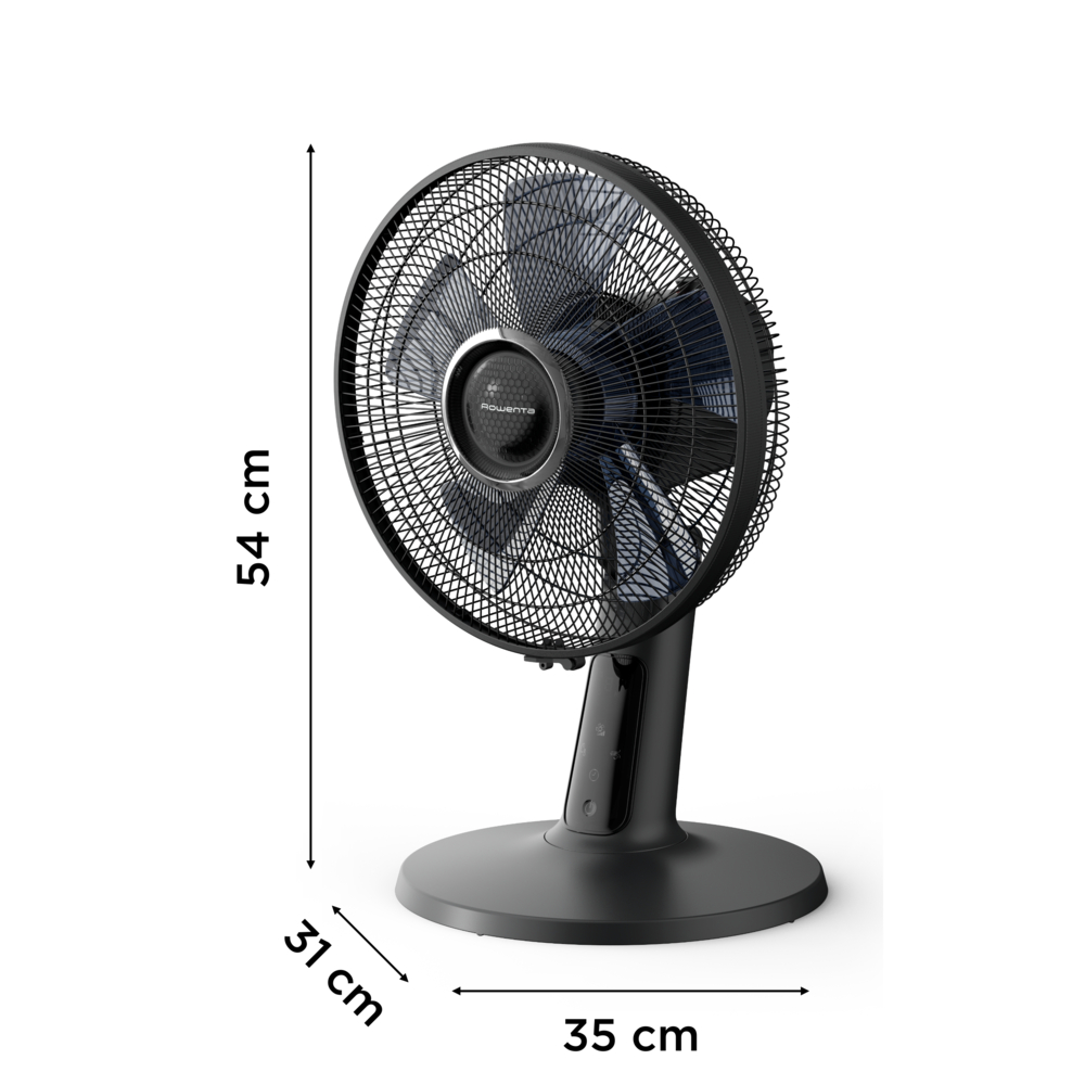 Schwarzer Rowenta-Ventilator, 54 cm hoch, 31 cm breit, 35 cm tief. Der Ventilator hat einen runden Käfig und Flügel.