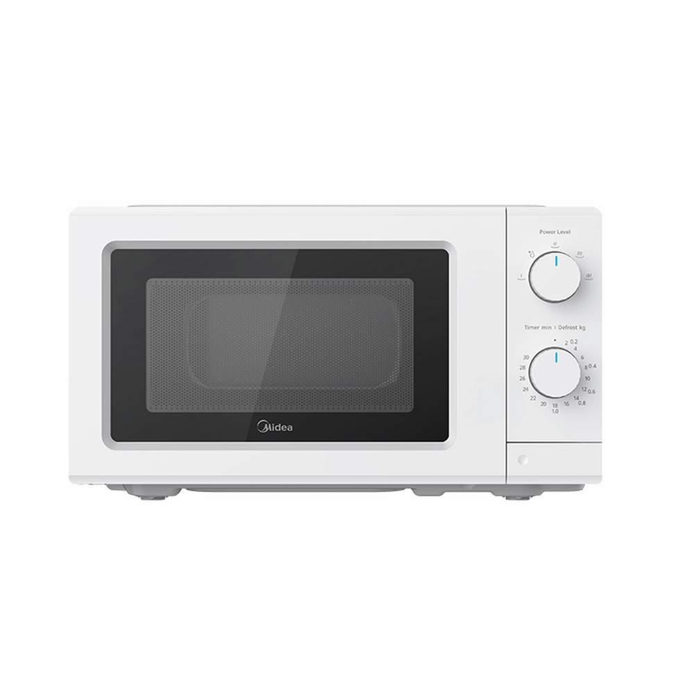 Un forno a microonde Midea bianco, con porta nera. Ha manopole di controllo per il livello di potenza e il timer/sbrinamento.