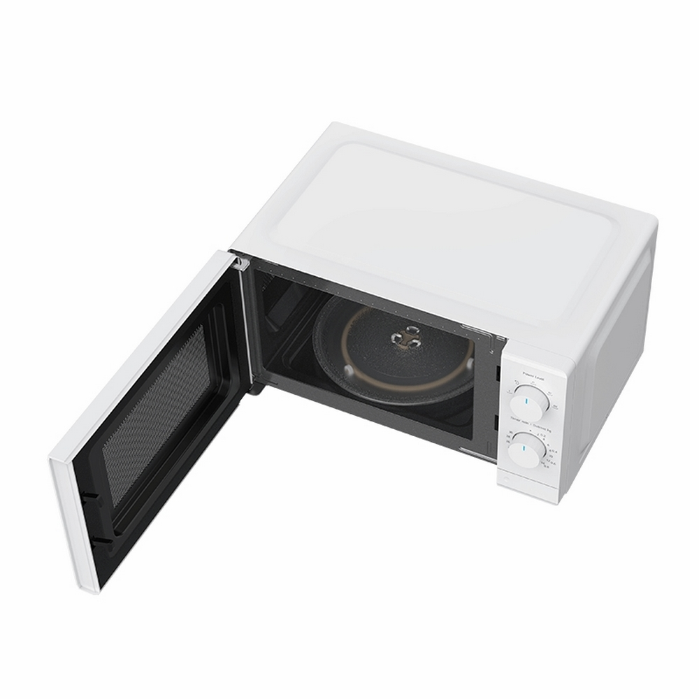 Un forno a microonde bianco con la porta aperta, che mostra l'interno, un piatto di vetro e manopole di controllo a destra.