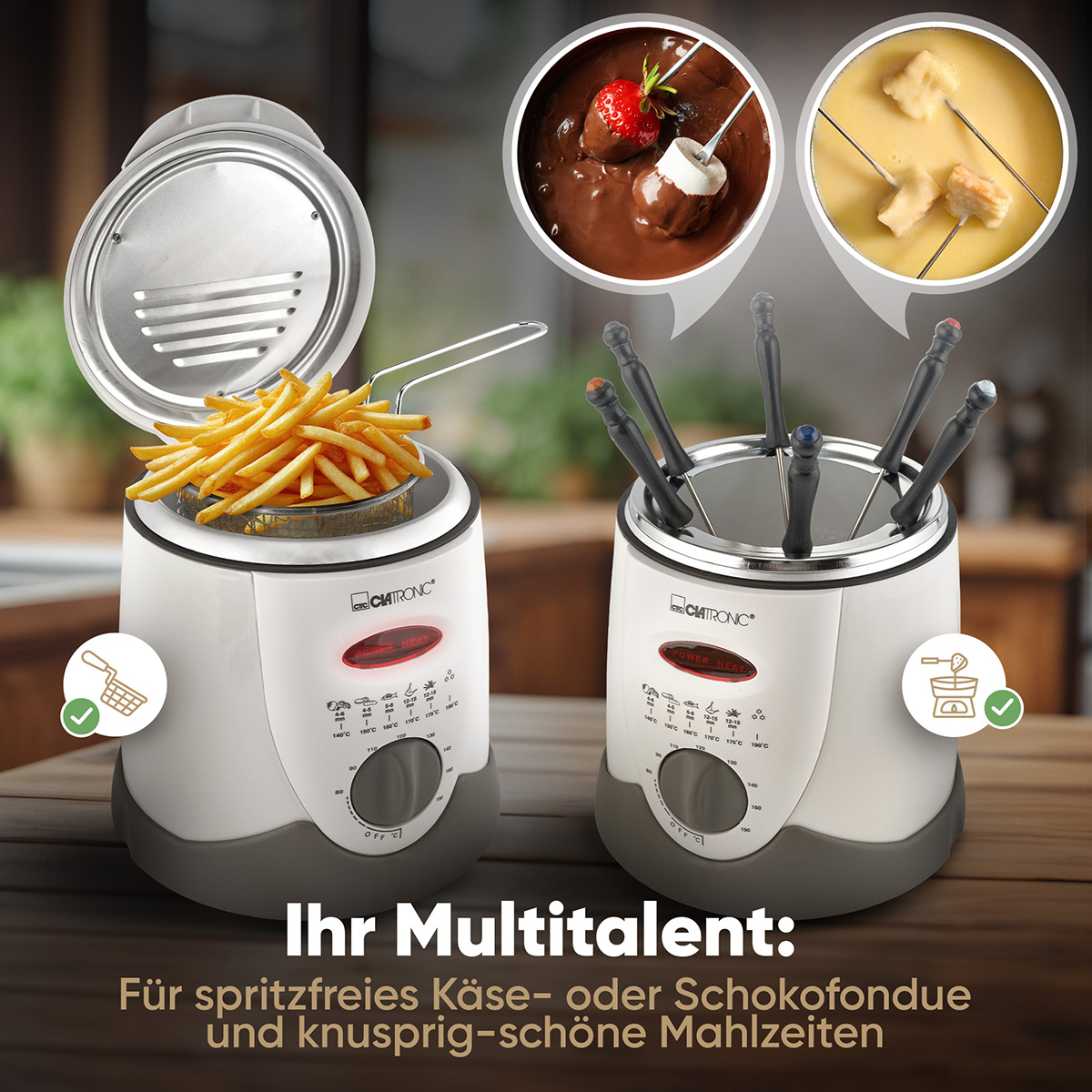 Dwa białe urządzenia, jedno z frytkami, drugie z widelcami do fondue. Wstawki pokazują fondue czekoladowe i serowe.