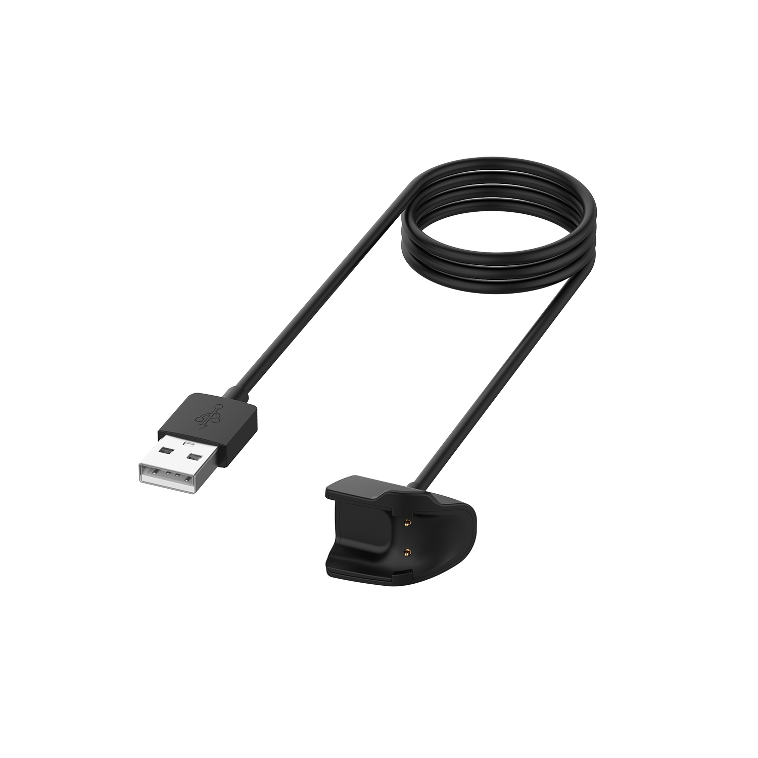 Zwarte USB-oplaadkabel met USB-A-connector en oplaadhouder, opgerold, op een witte achtergrond.