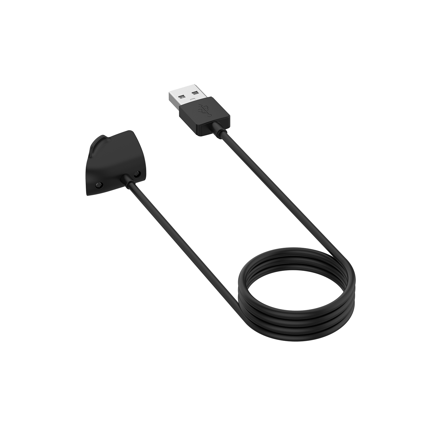 Een zwarte USB-oplaadkabel met een kleine oplaadkop en een cirkelvormig lusvormig snoer.