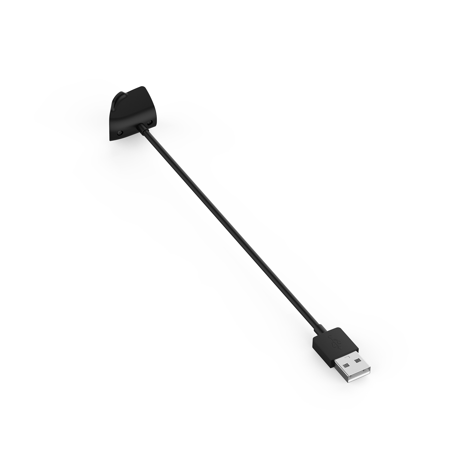 Zwarte oplaadkabel met USB-connector en unieke oplaadkop. Witte achtergrond.
