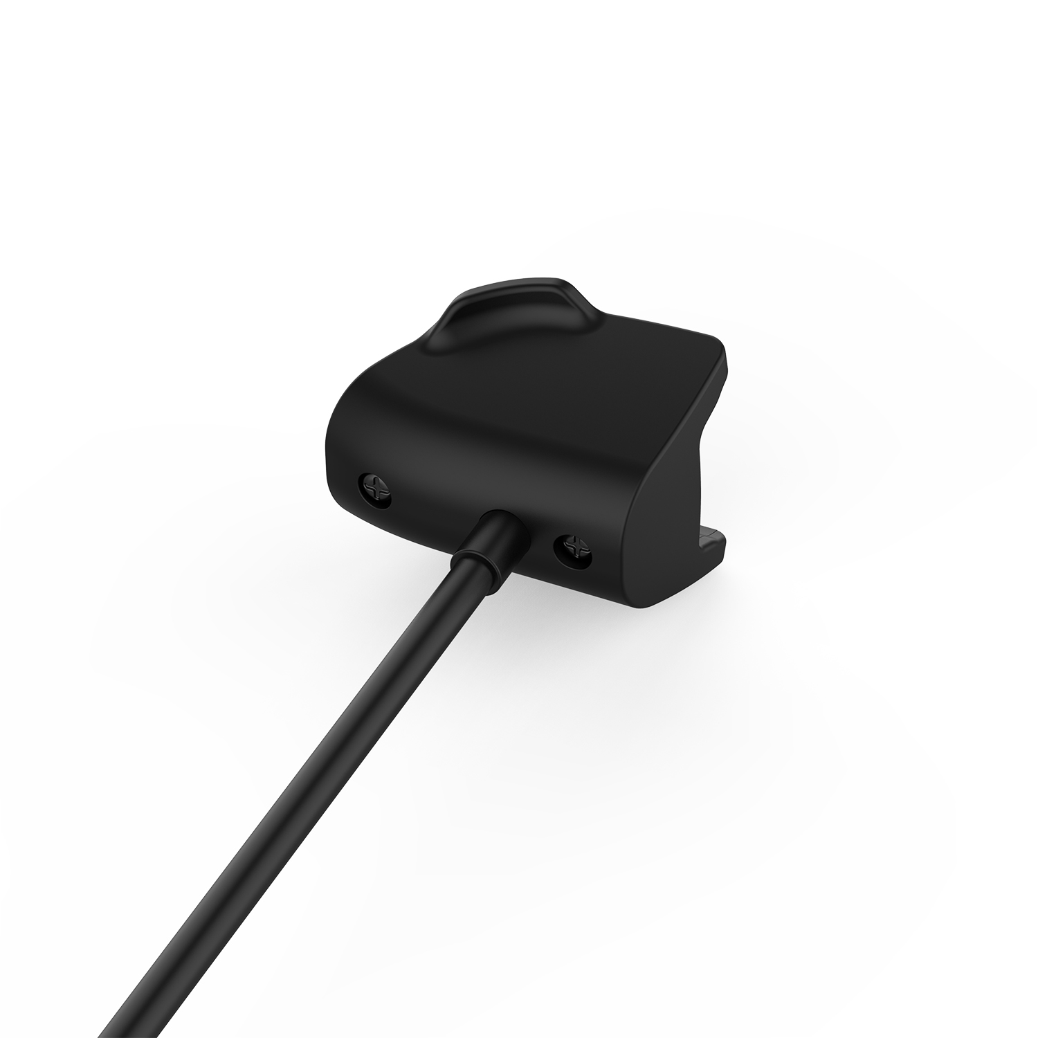 Een zwarte oplaadconnector, met een kabel, ligt op een wit oppervlak. De connector heeft een unieke vorm.