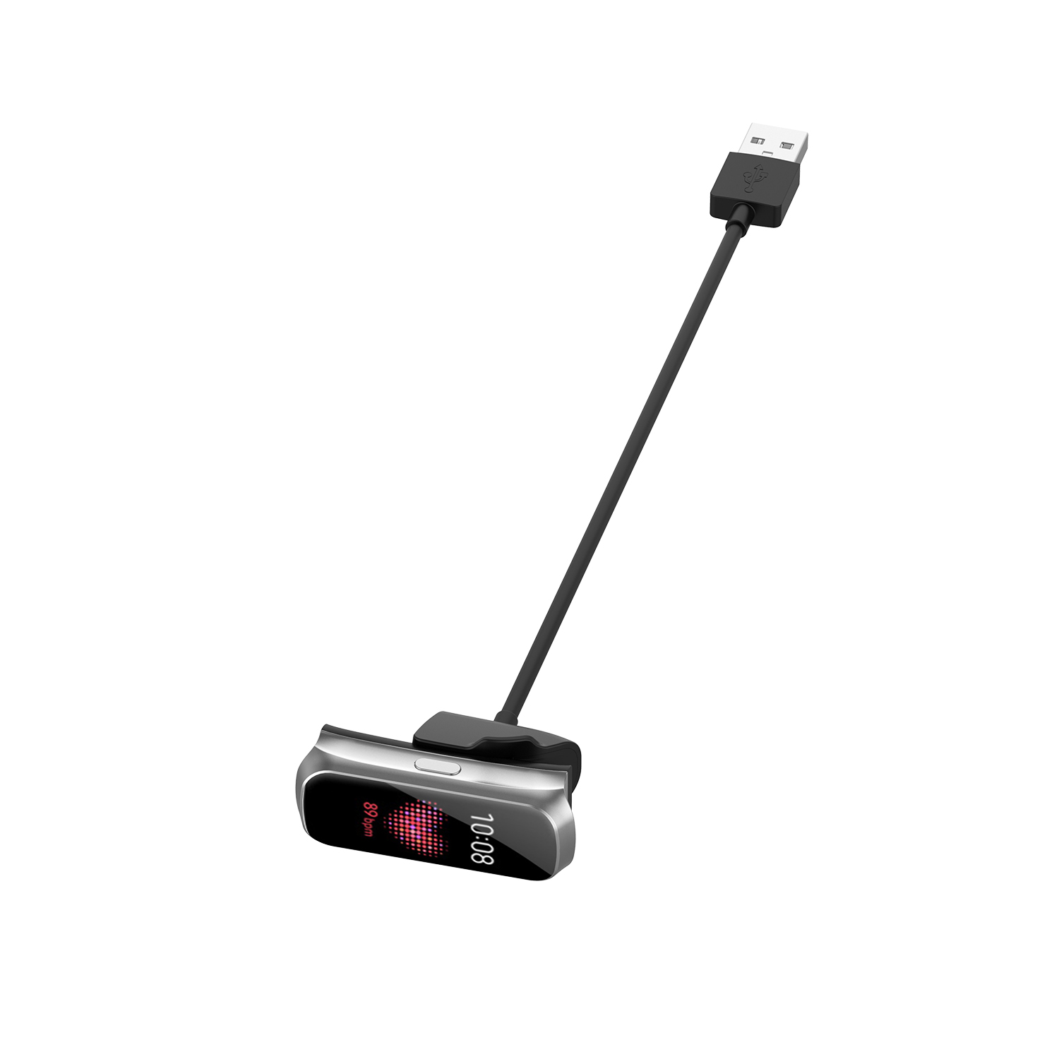 Een zilveren smartwatch is verbonden met een USB-kabel. Het horloge toont een rode hartslagweergave en de tijd 10:08.