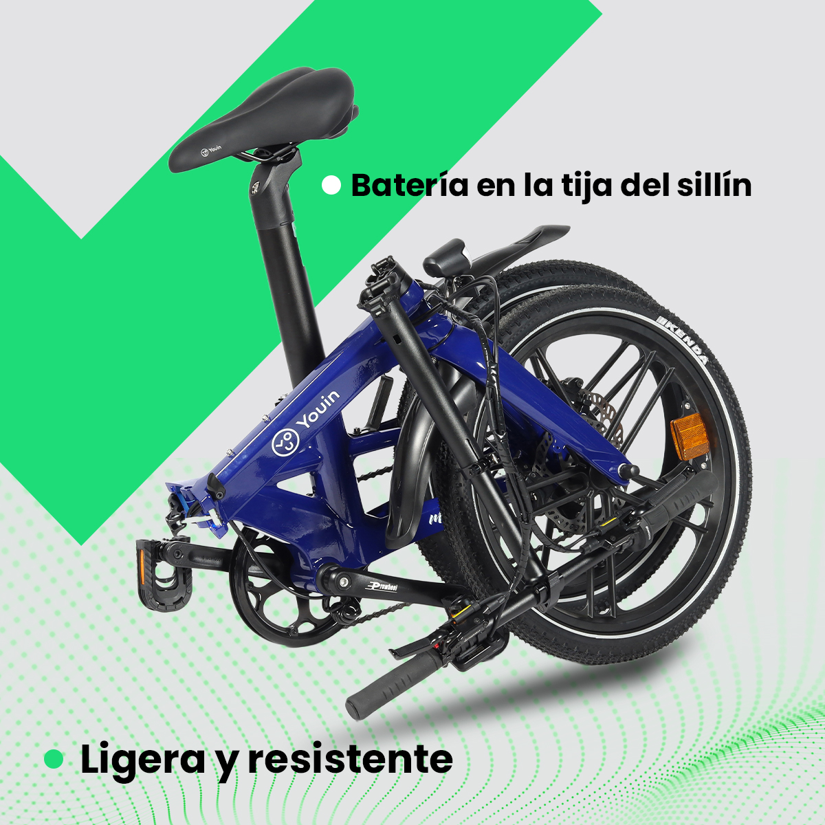 Se muestra una bicicleta plegable Youin azul, plegada con el asiento levantado. El texto dice "Batería en la tija del sillín" y "Ligera y resistente".