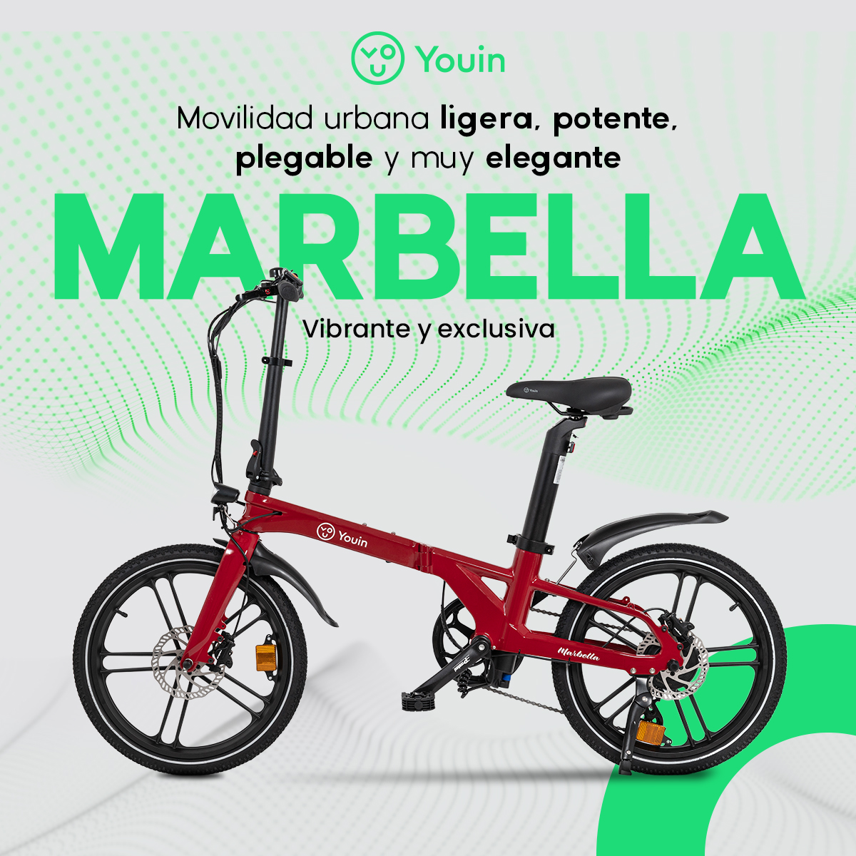 Bicicletta pieghevole Youin Marbella rossa. Il testo dice: 'Movilidad urbana ligera, potente, plegable y muy elegante'.