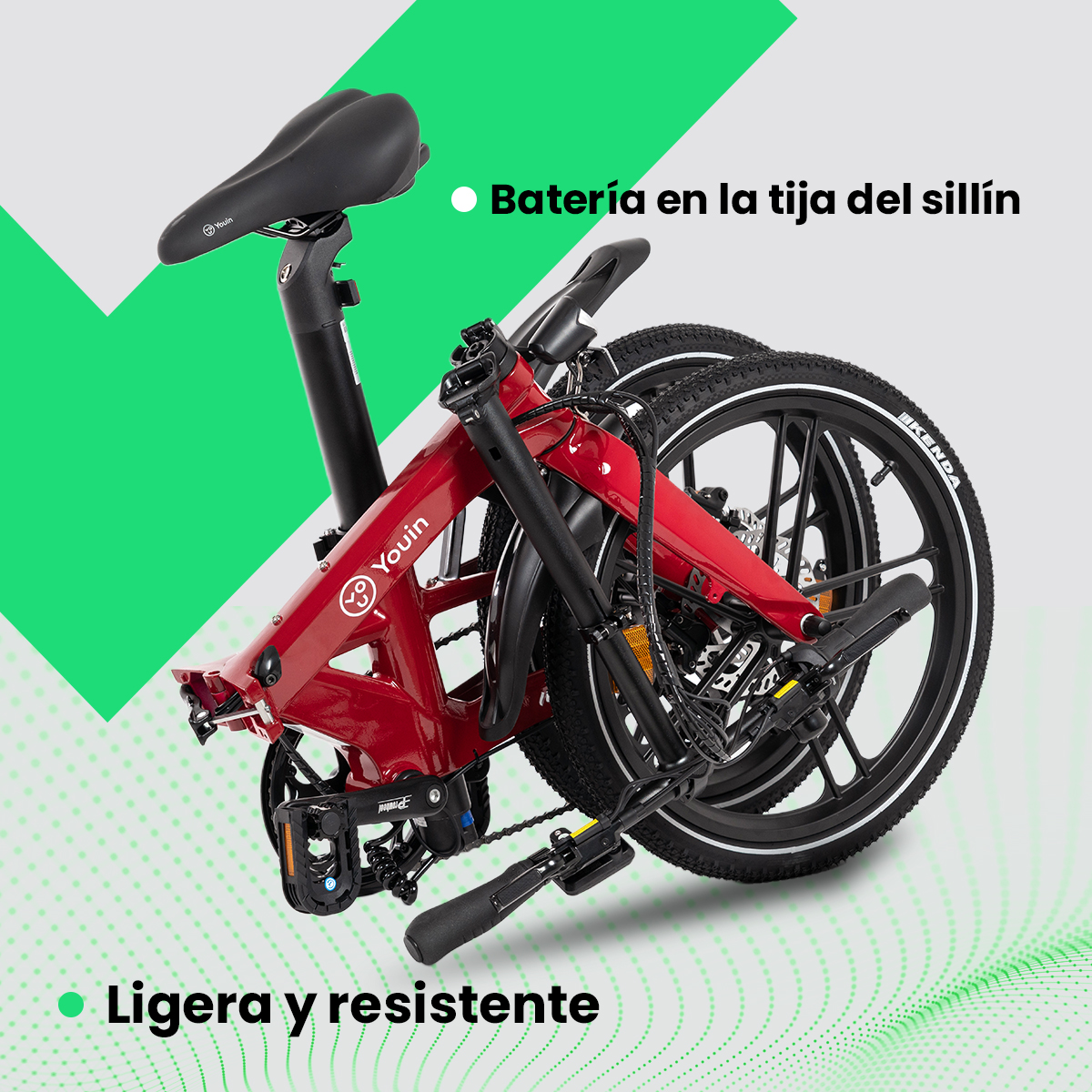 Bicicletta pieghevole rossa, sella e ruote nere. Testo: Batteria nel reggisella, leggera e resistente.